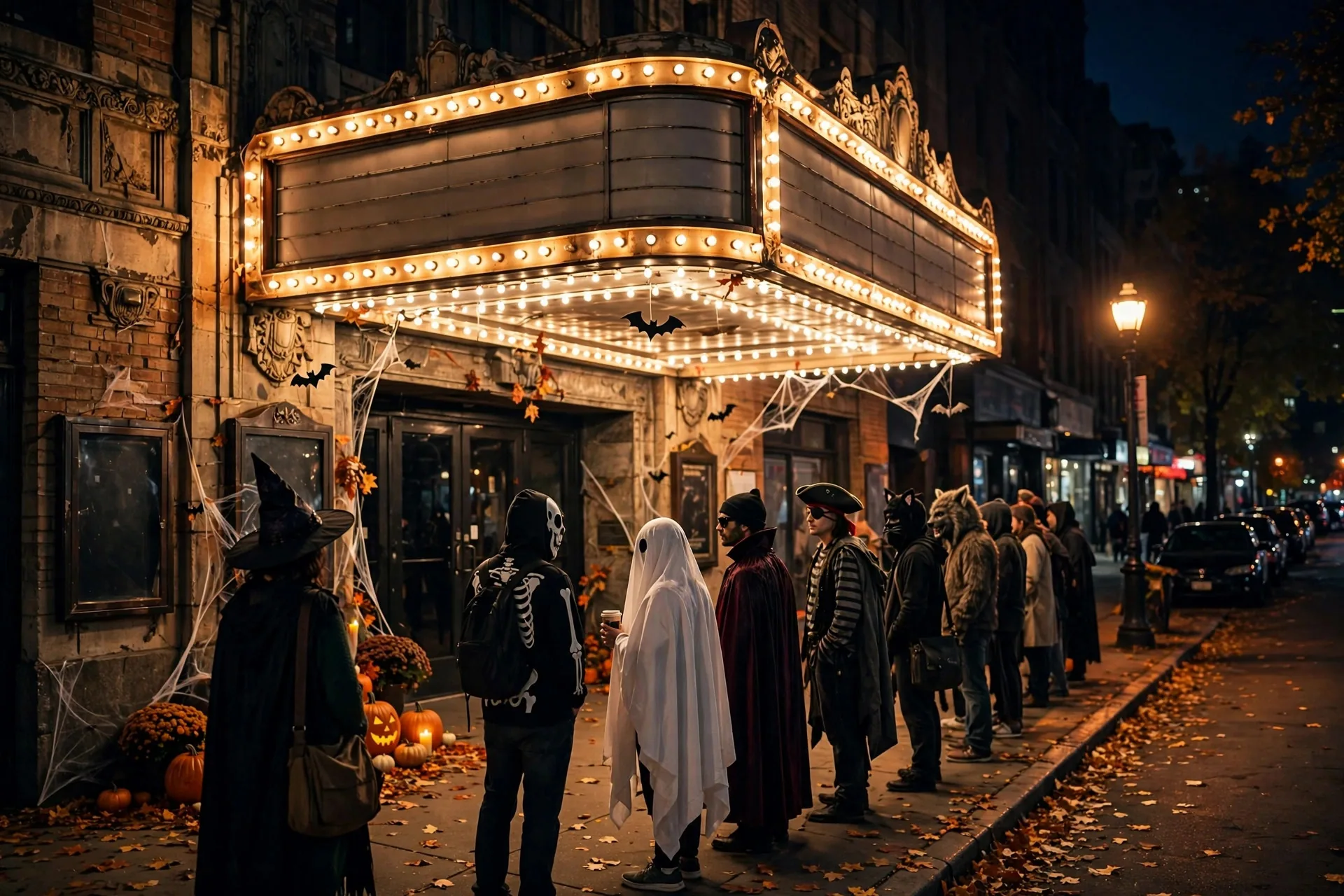 Cola de espectadores disfrazados ante un cine en la noche de Halloween