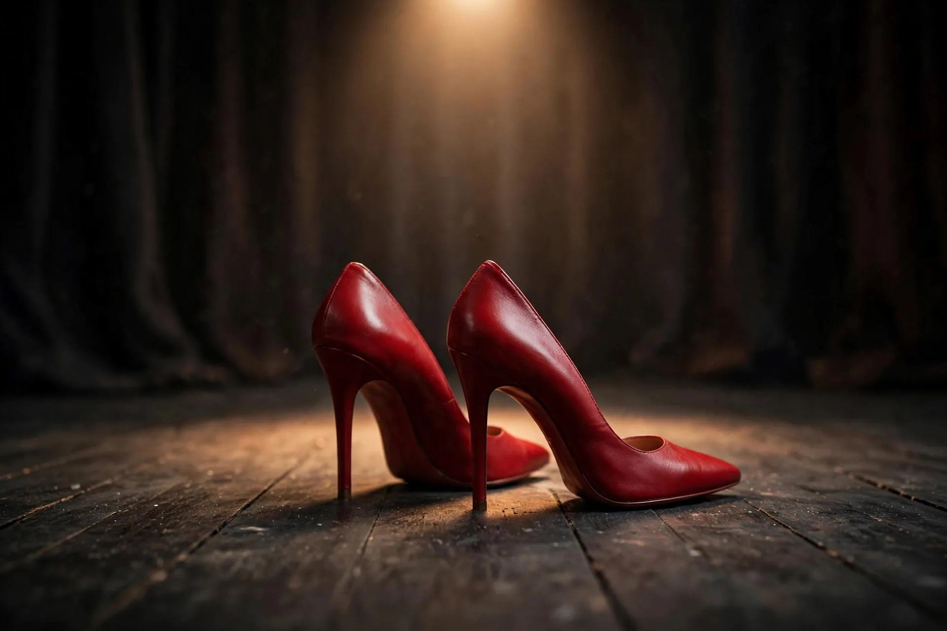 Par de stilettos rojos bajo un foco en un escenario de teatro oscuro
