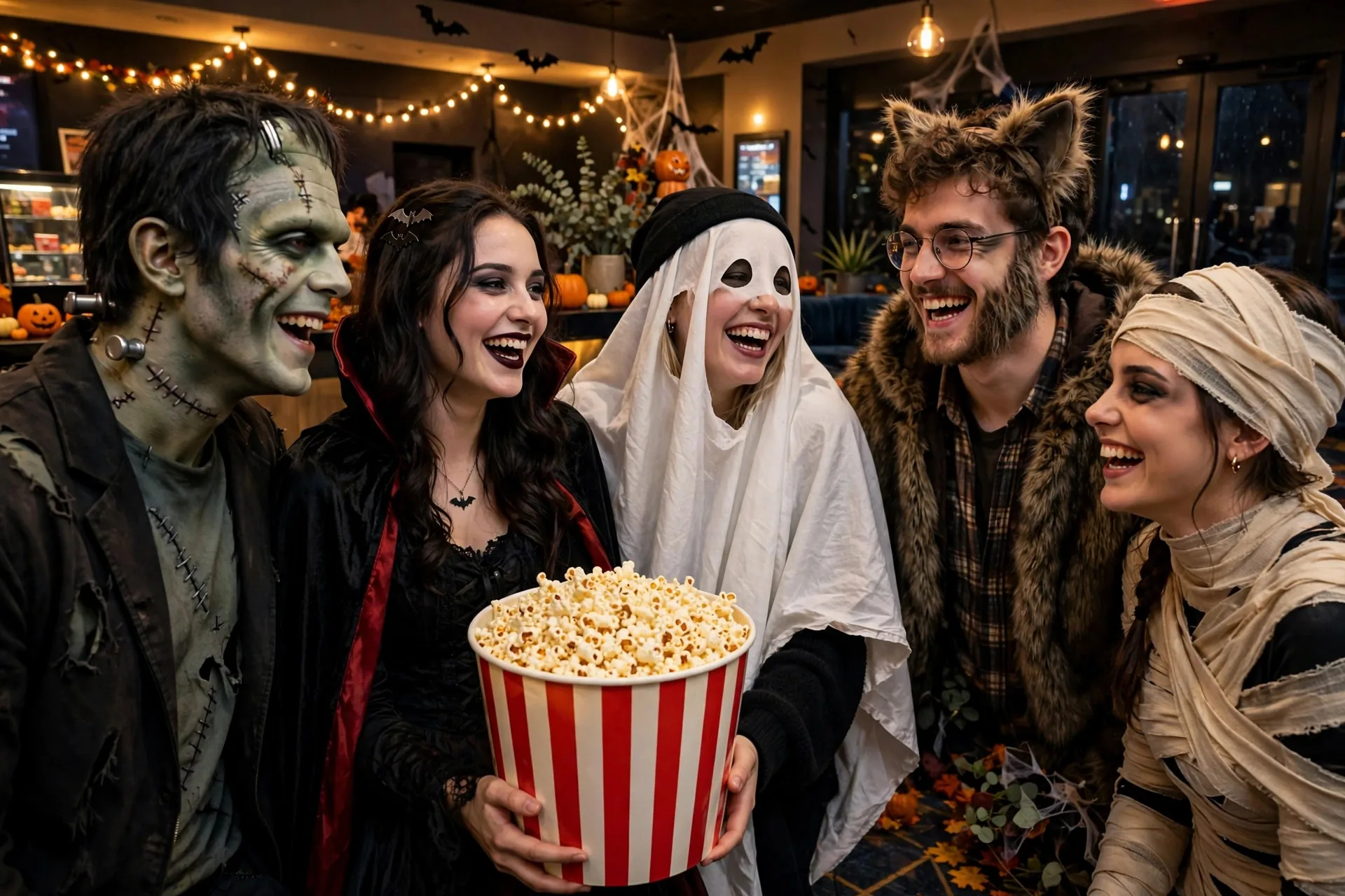 Grupo de amigos con disfraces de terror riendo en el vestíbulo de un cine