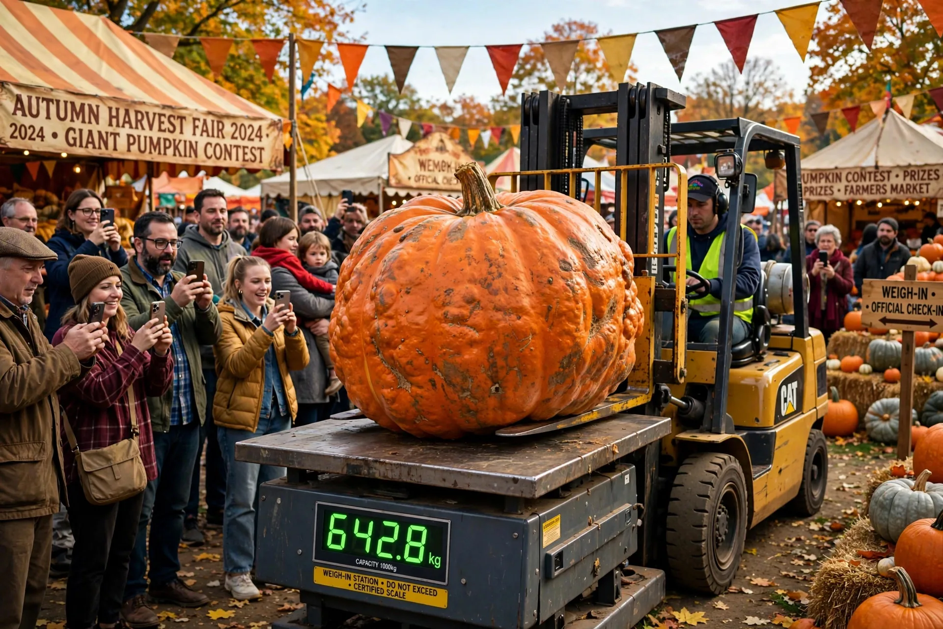 Enorme calabaza naranja levantada por un montacargas sobre una báscula industrial ante una multitud en una feria de otoño