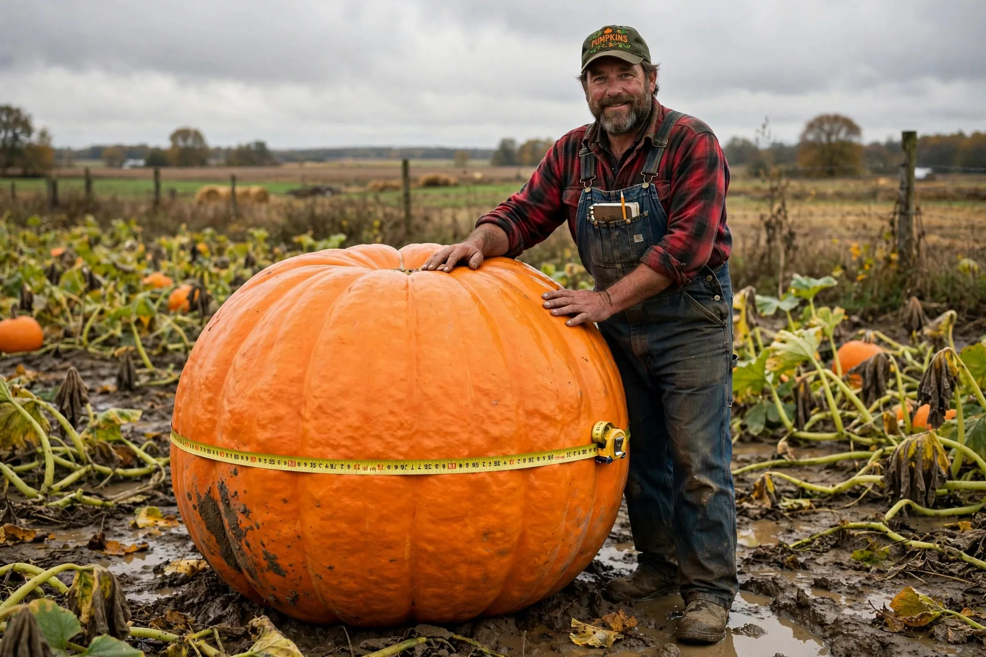 Agricultor con mono de trabajo apoyado en una calabaza gigante naranja en un campo de cultivo