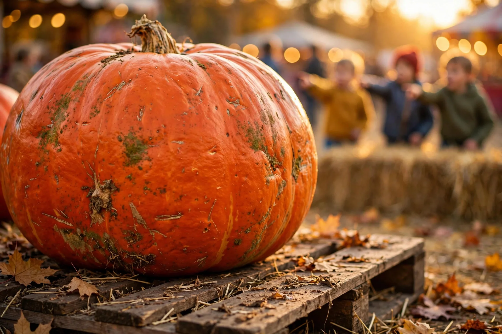 Primer plano de una calabaza colosal naranja en una feria de otoño con niños señalándola al fondo