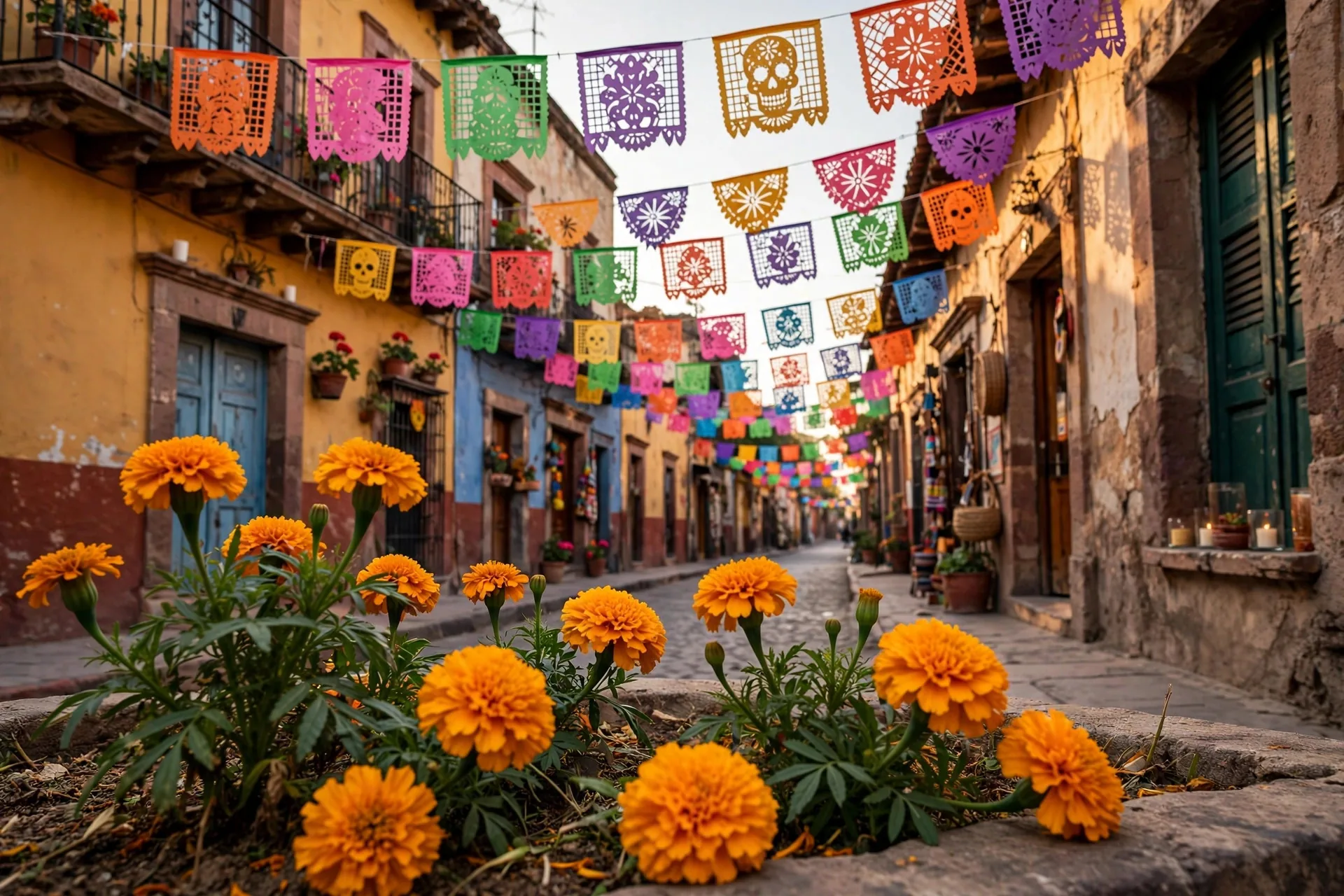 Calle de un pueblo mexicano decorada con papel picado de colores y flores de cempasúchil durante el Día de Muertos