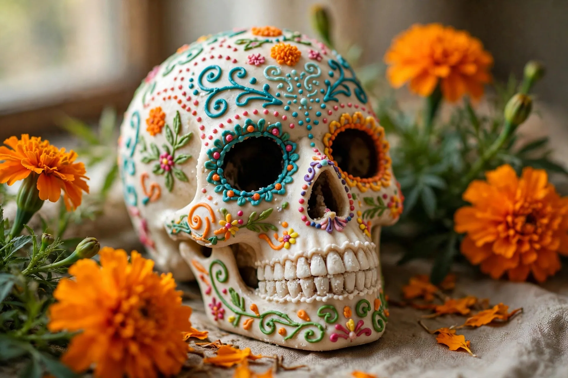 Calavera de azúcar decorada con glaseado de colores rodeada de flores de cempasúchil