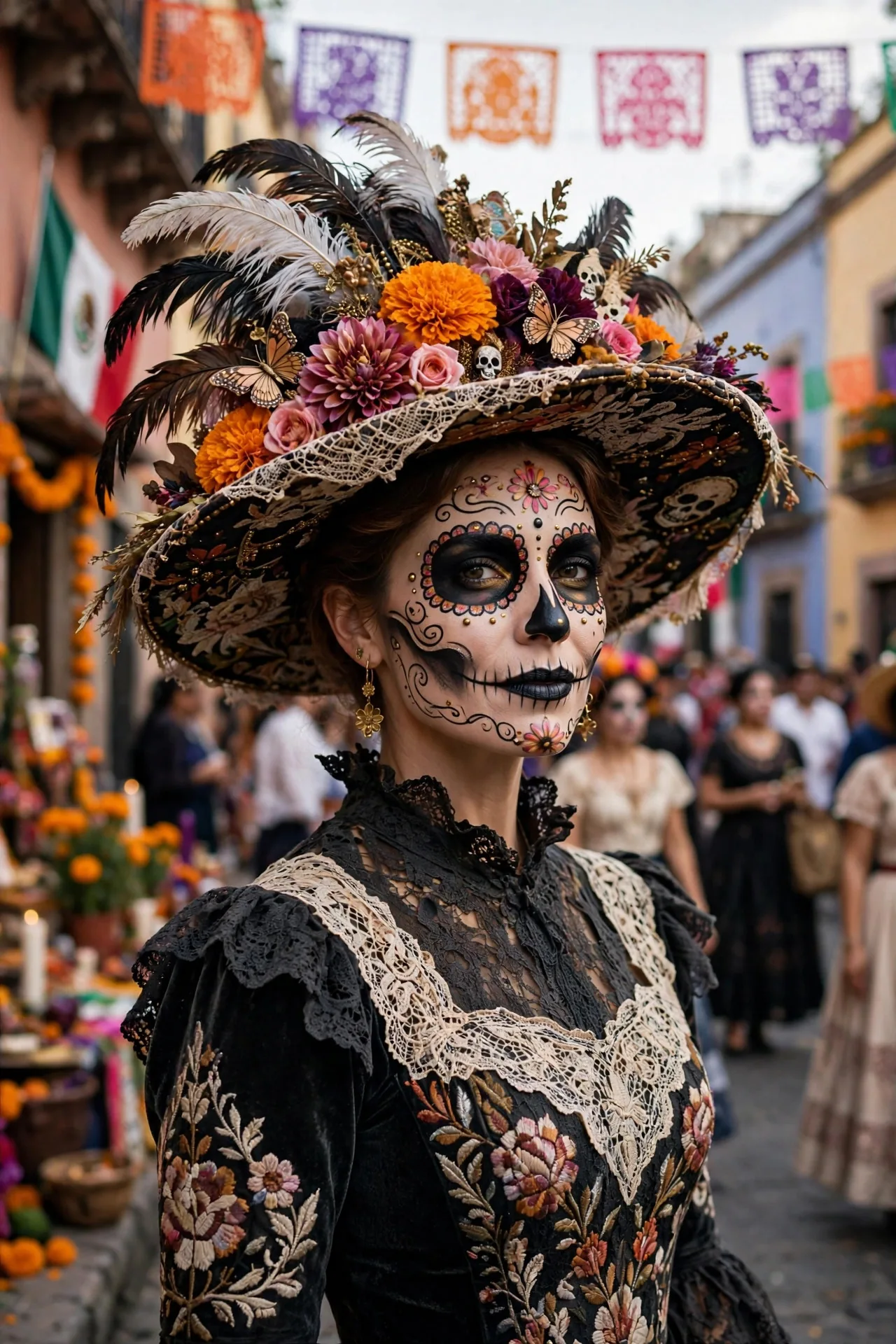 Mujer caracterizada como La Catrina con maquillaje de calavera y sombrero de plumas en un desfile