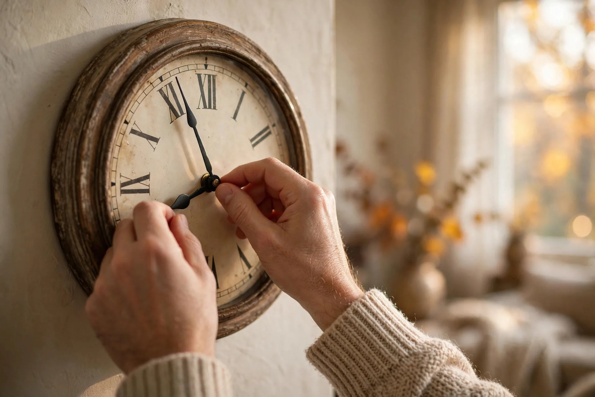 Manos atrasando una hora las manecillas de un reloj analógico de pared en una sala de estar