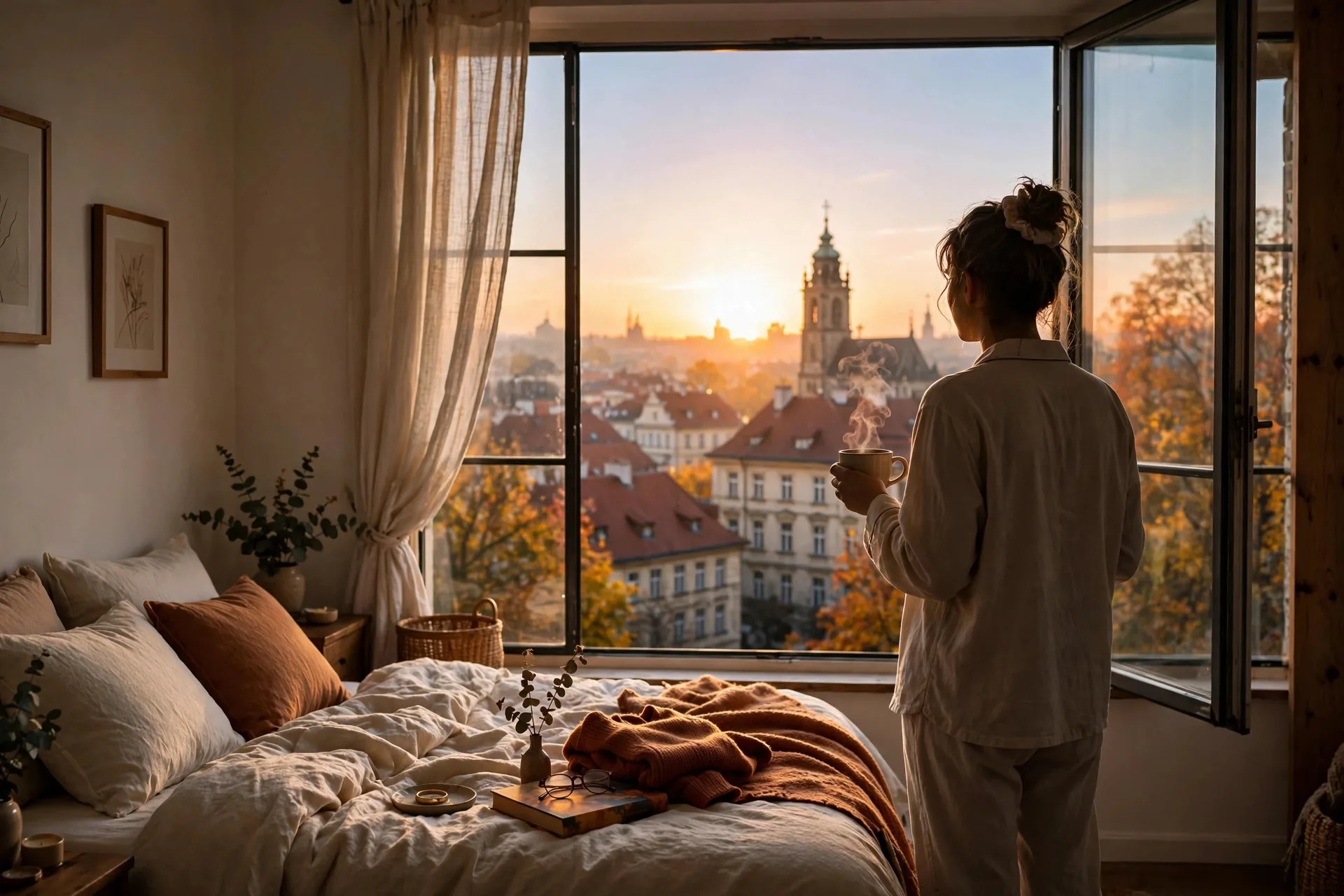 Amanecer de otoño sobre una ciudad europea visto desde una ventana con una persona en pijama tomando café