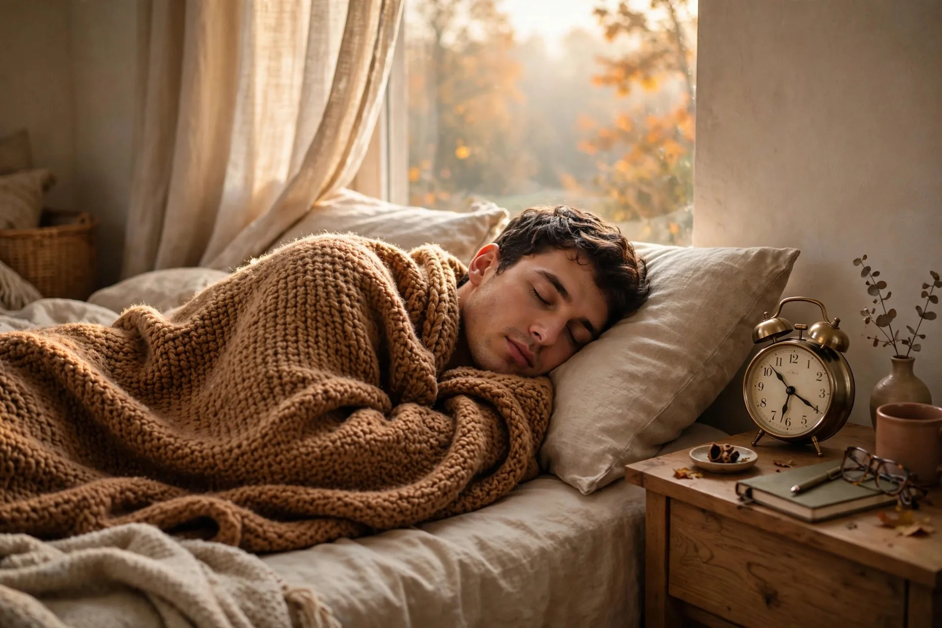 Persona durmiendo plácidamente en una cama acogedora al amanecer con un despertador en la mesita