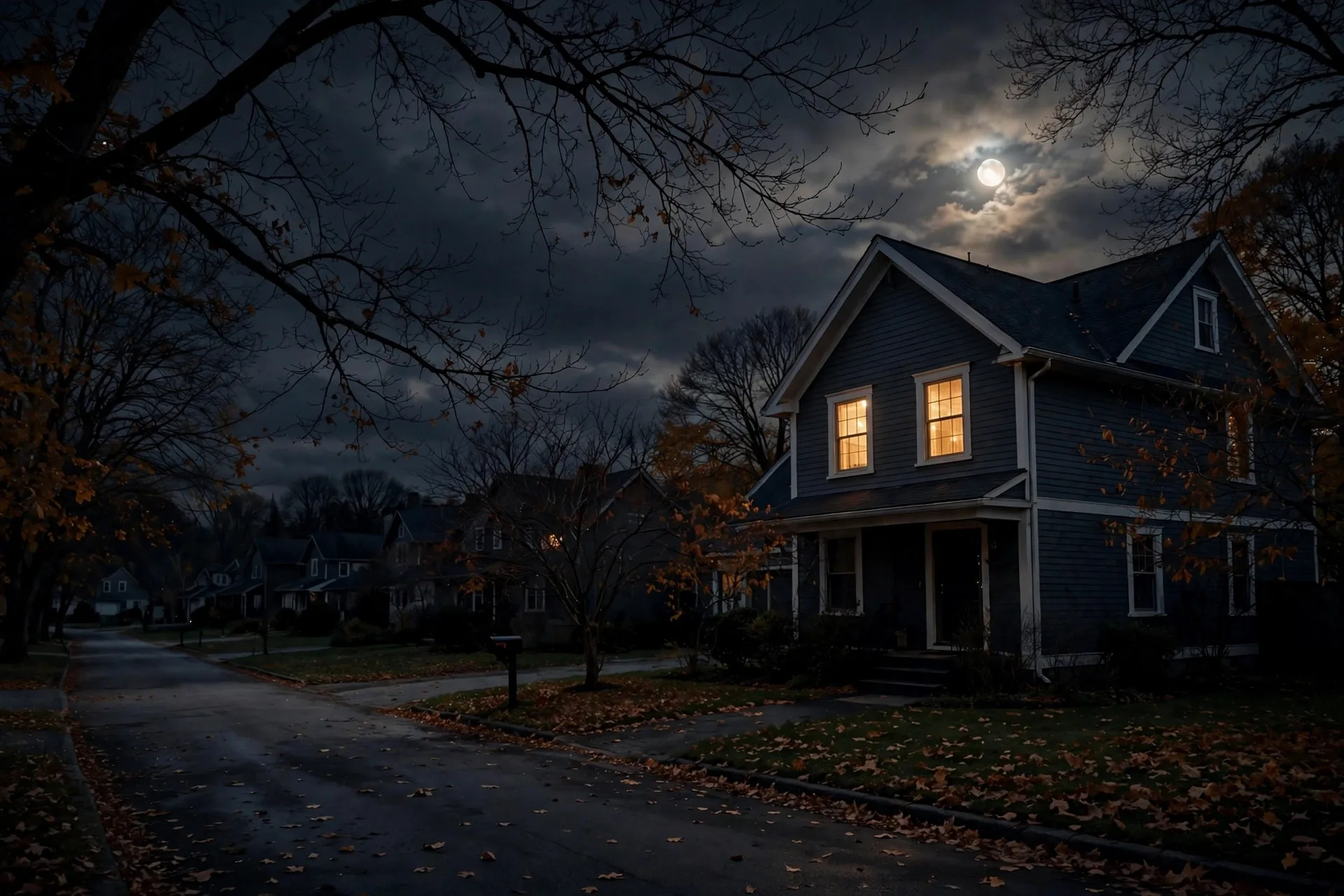 Casa suburbana de noche en otoño con luz cálida en las ventanas, ramas desnudas y luna llena entre nubes