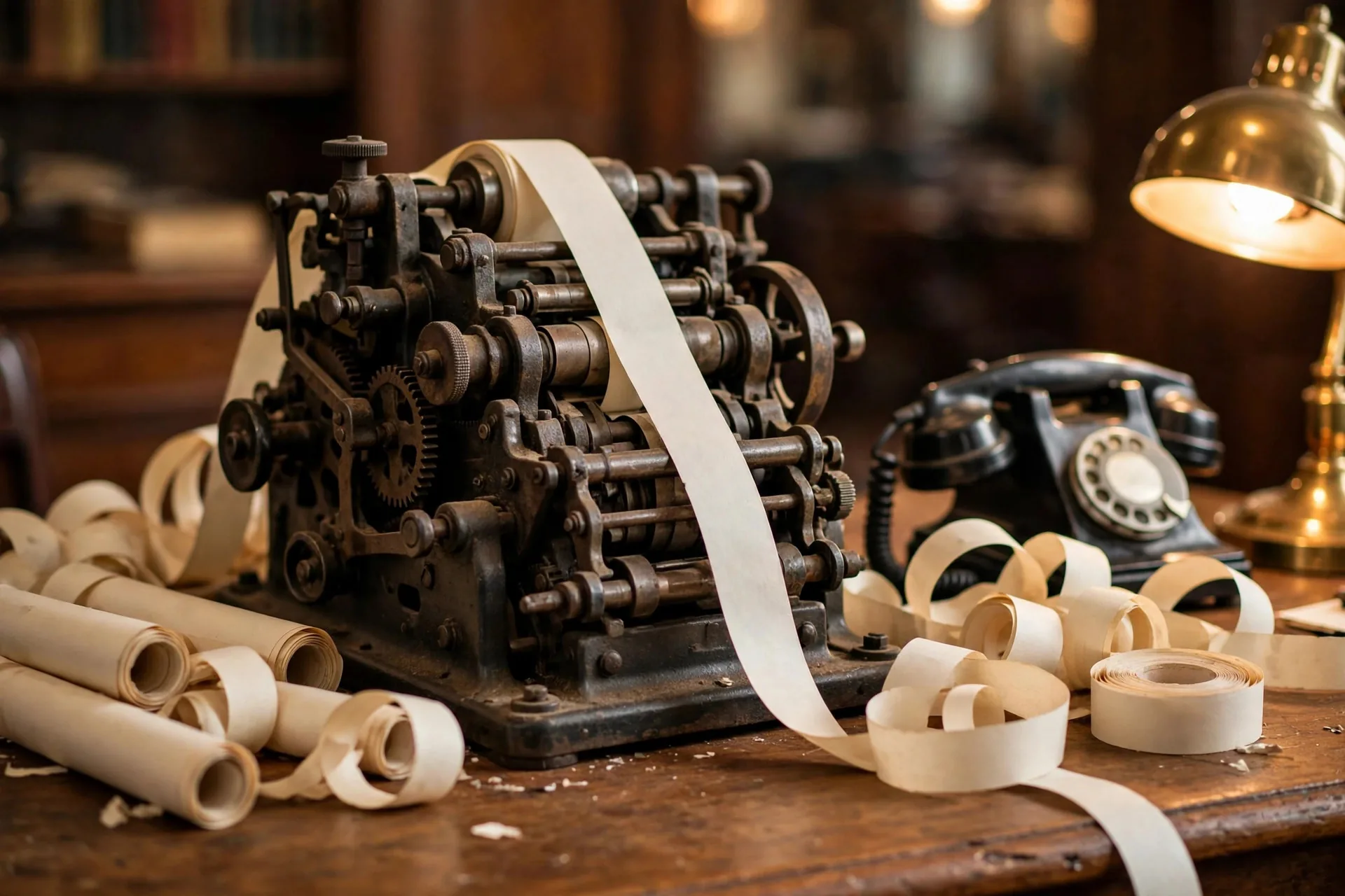 Máquina de teletipo antigua imprimiendo una cinta de papel con cotizaciones bursátiles sobre un escritorio de 1929