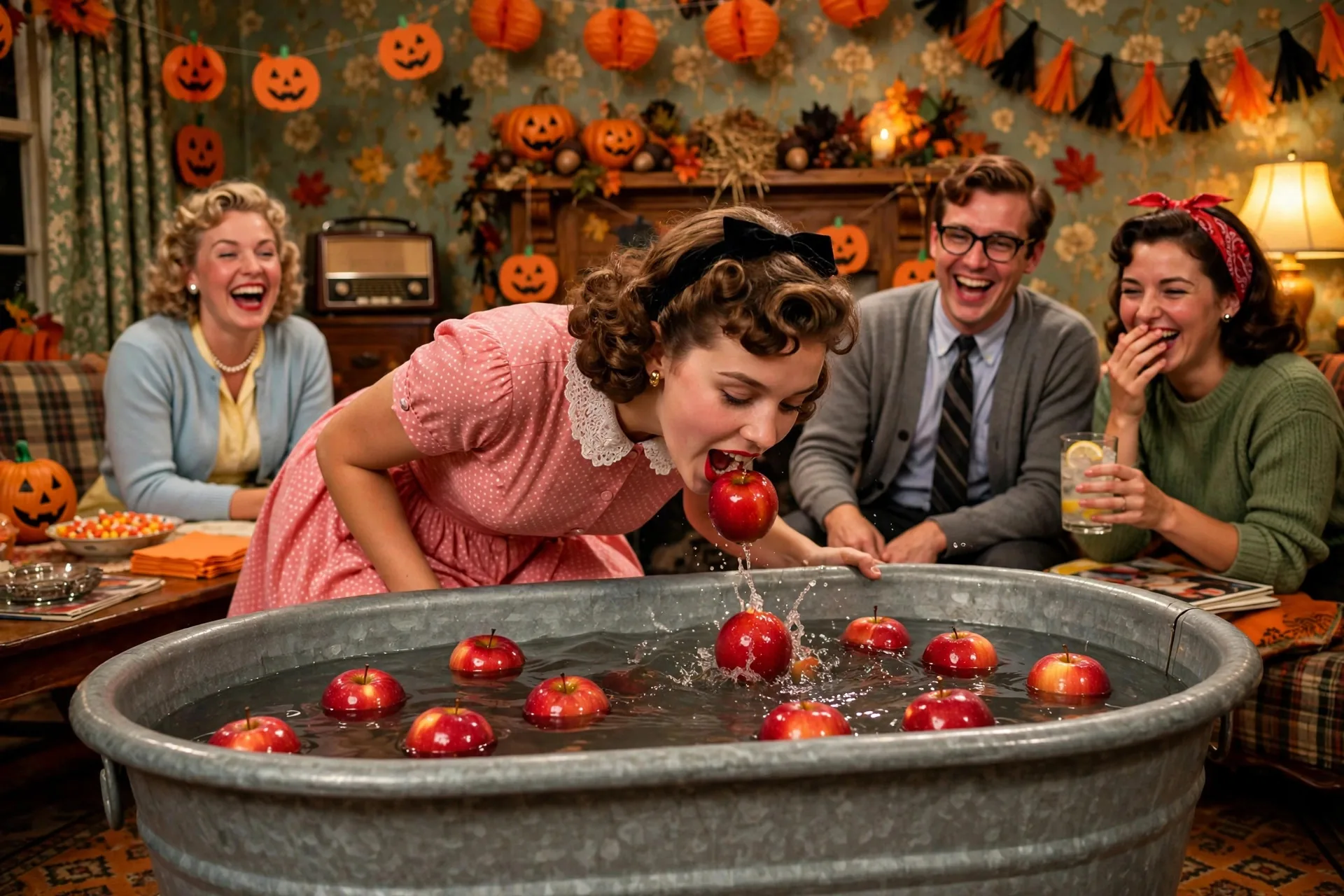 Joven con vestido retro de los años 50 intentando morder una manzana flotante en un barreño de agua en una fiesta de Halloween