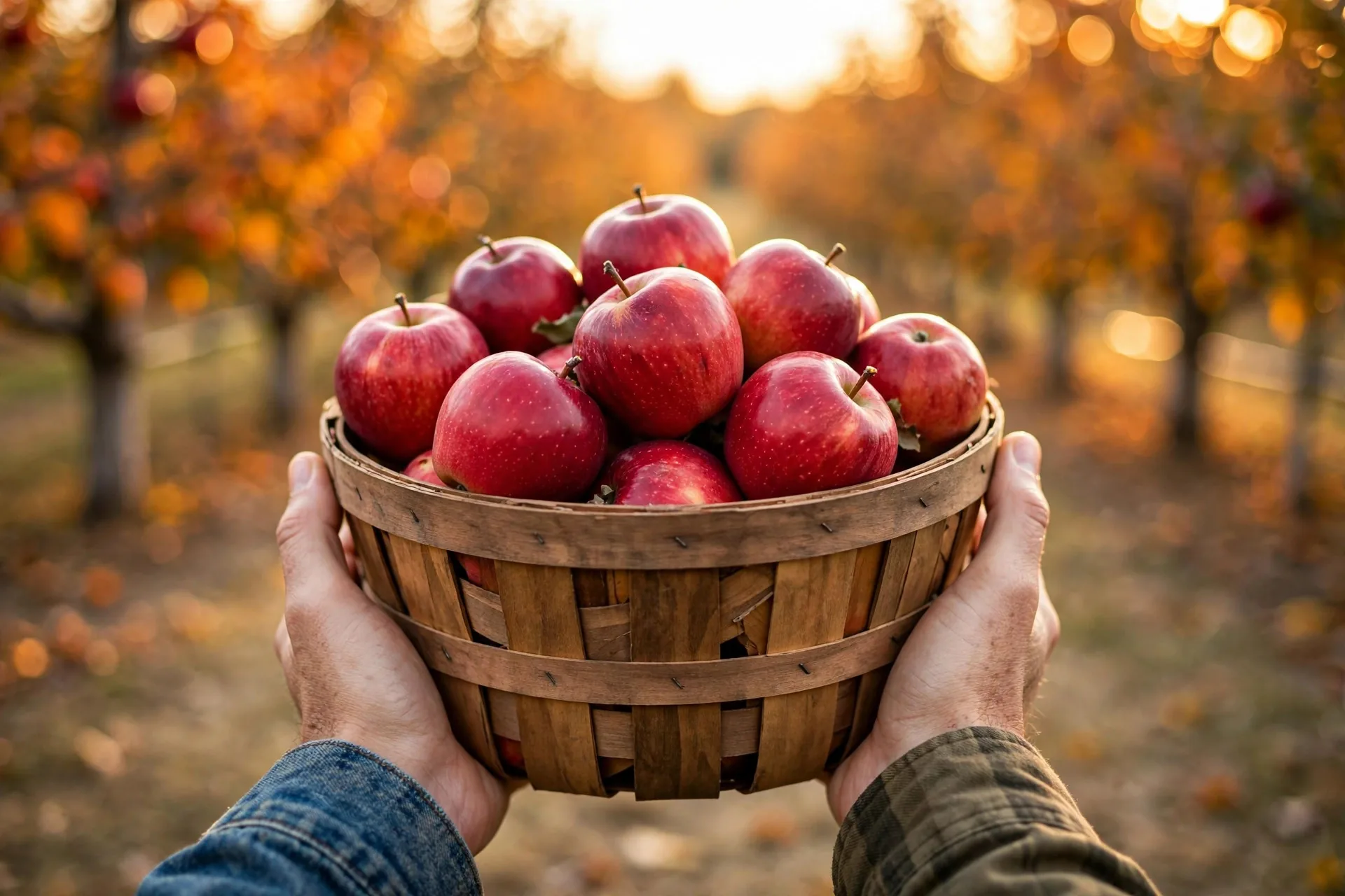 Manos sosteniendo una cesta de madera con manzanas rojas recién recogidas en un huerto de otoño