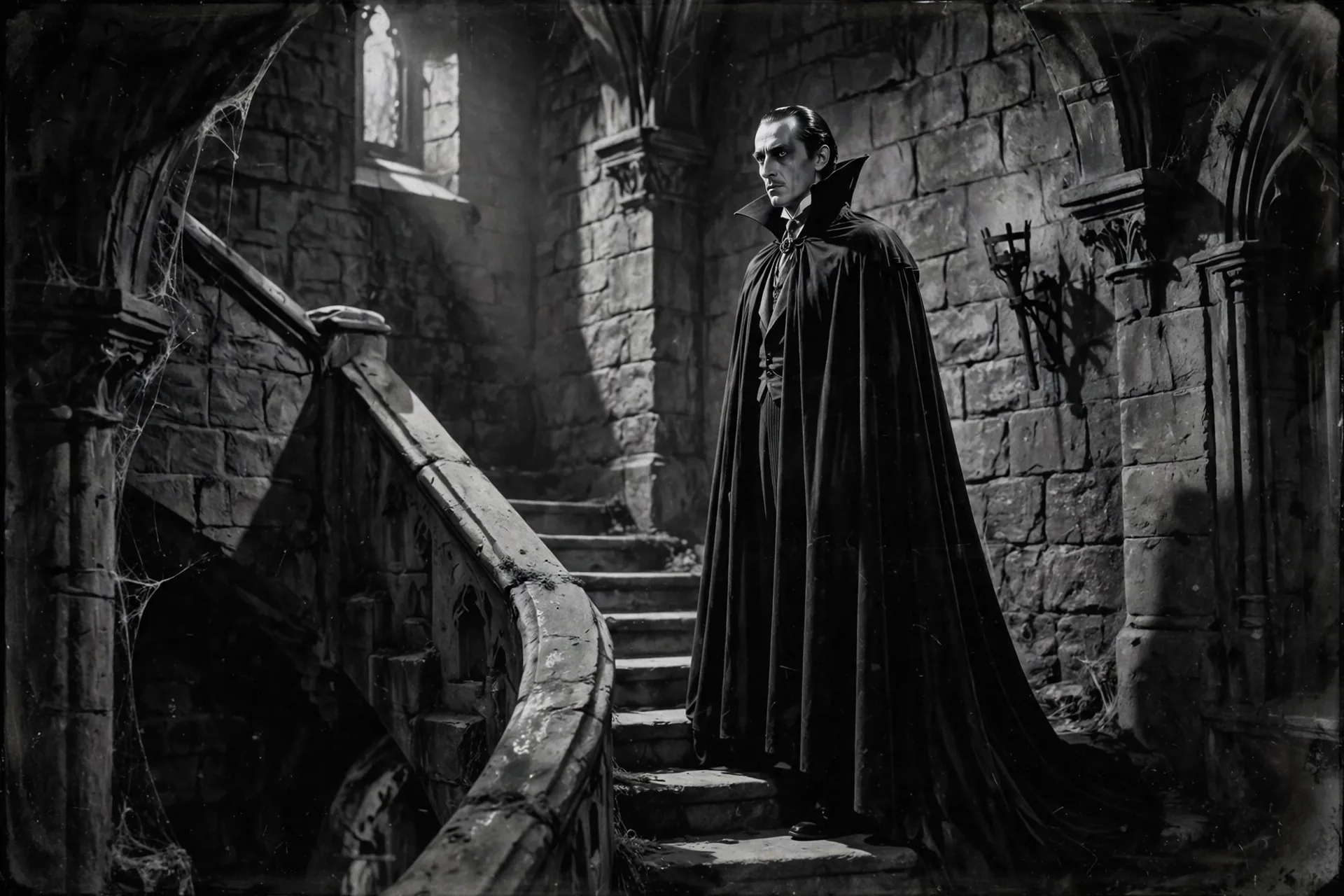 Fotograma en blanco y negro de un vampiro con capa bajando una escalinata de castillo, al estilo de Drácula (1931)