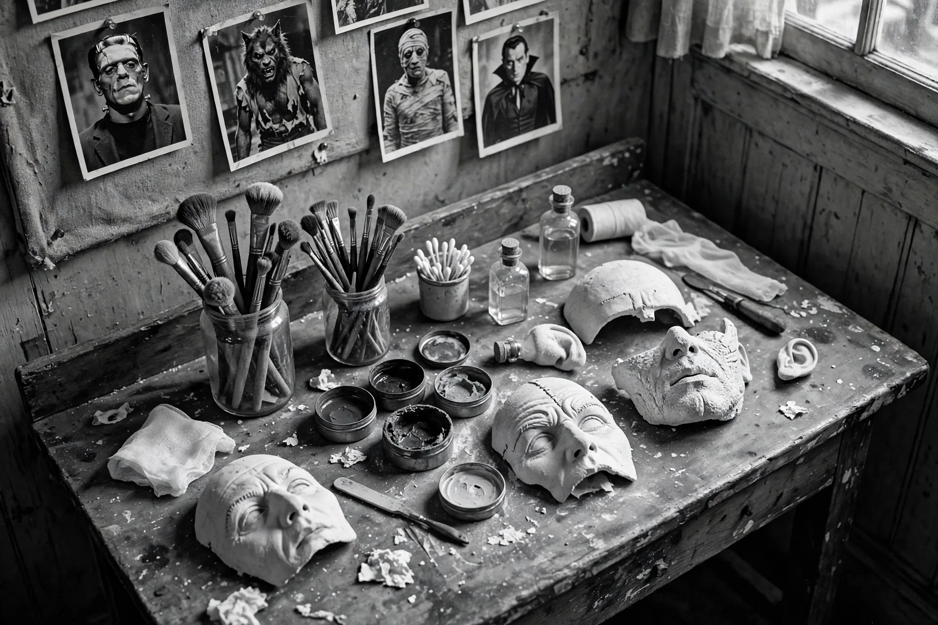 El monstruo de Frankenstein en un laboratorio gótico con bobinas eléctricas, al estilo del cine clásico de 1931
