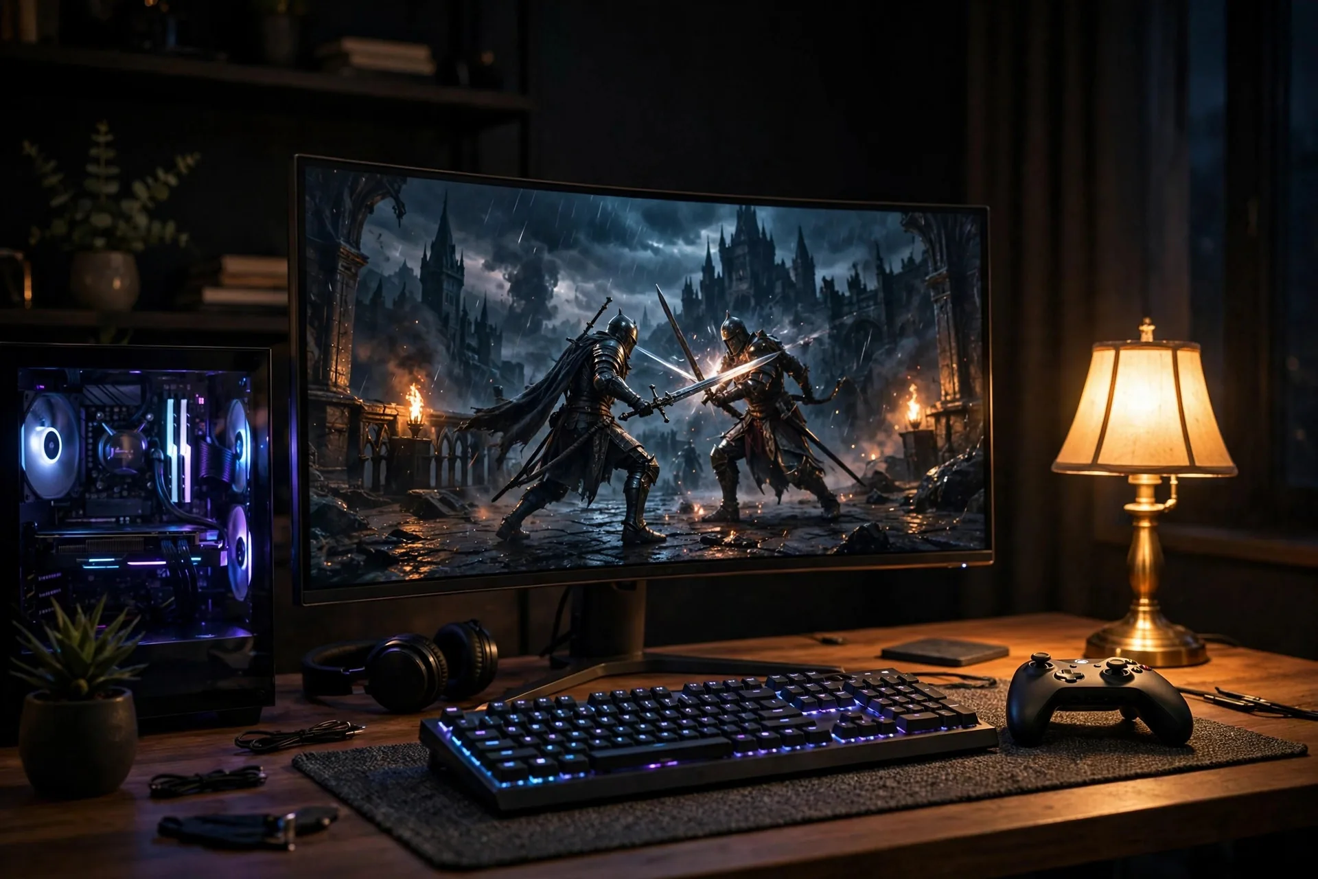 Jugador con mando en las manos frente a un televisor grande en una habitación a oscuras