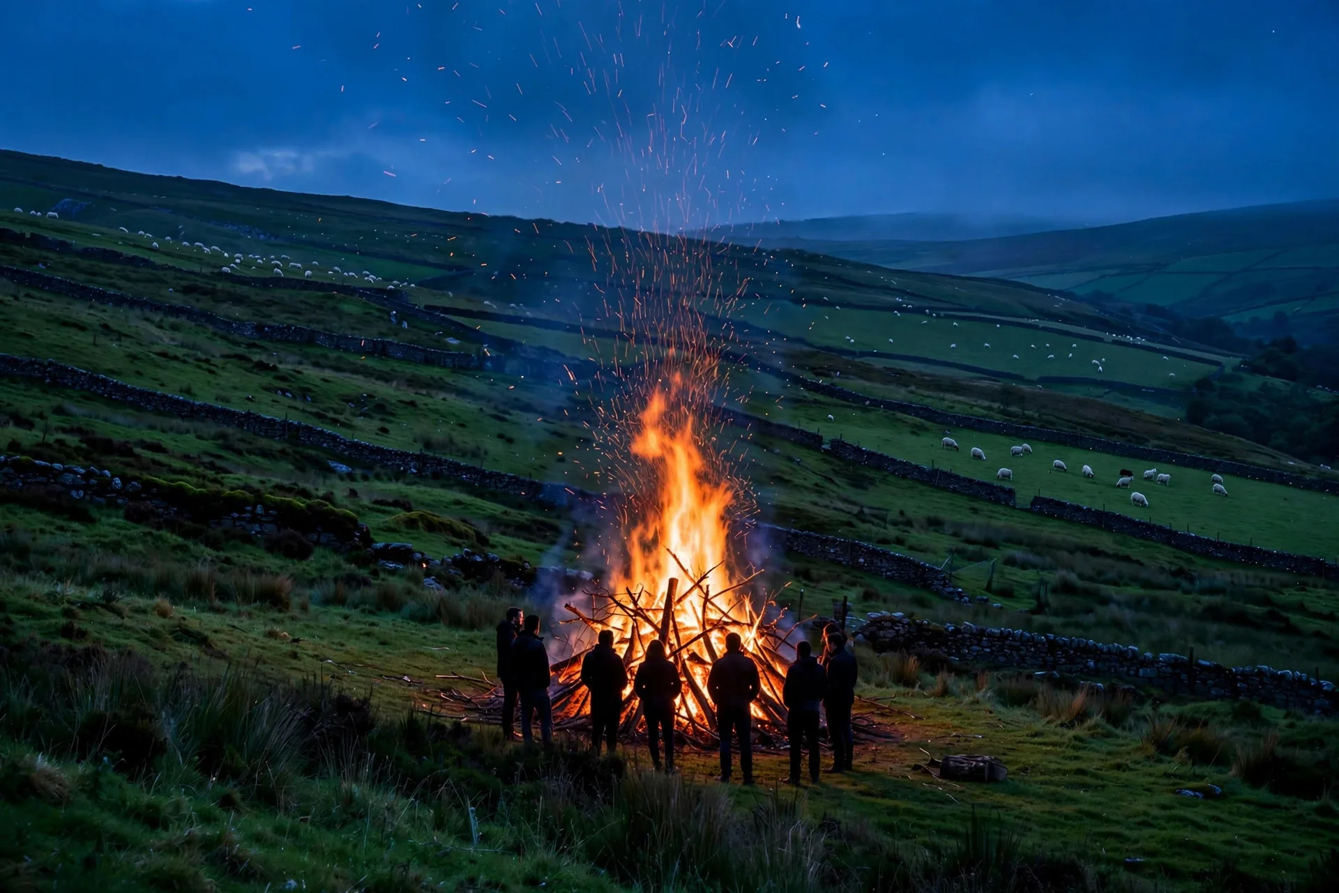 Gran hoguera tradicional ardiendo en una colina verde de Irlanda al atardecer con personas alrededor