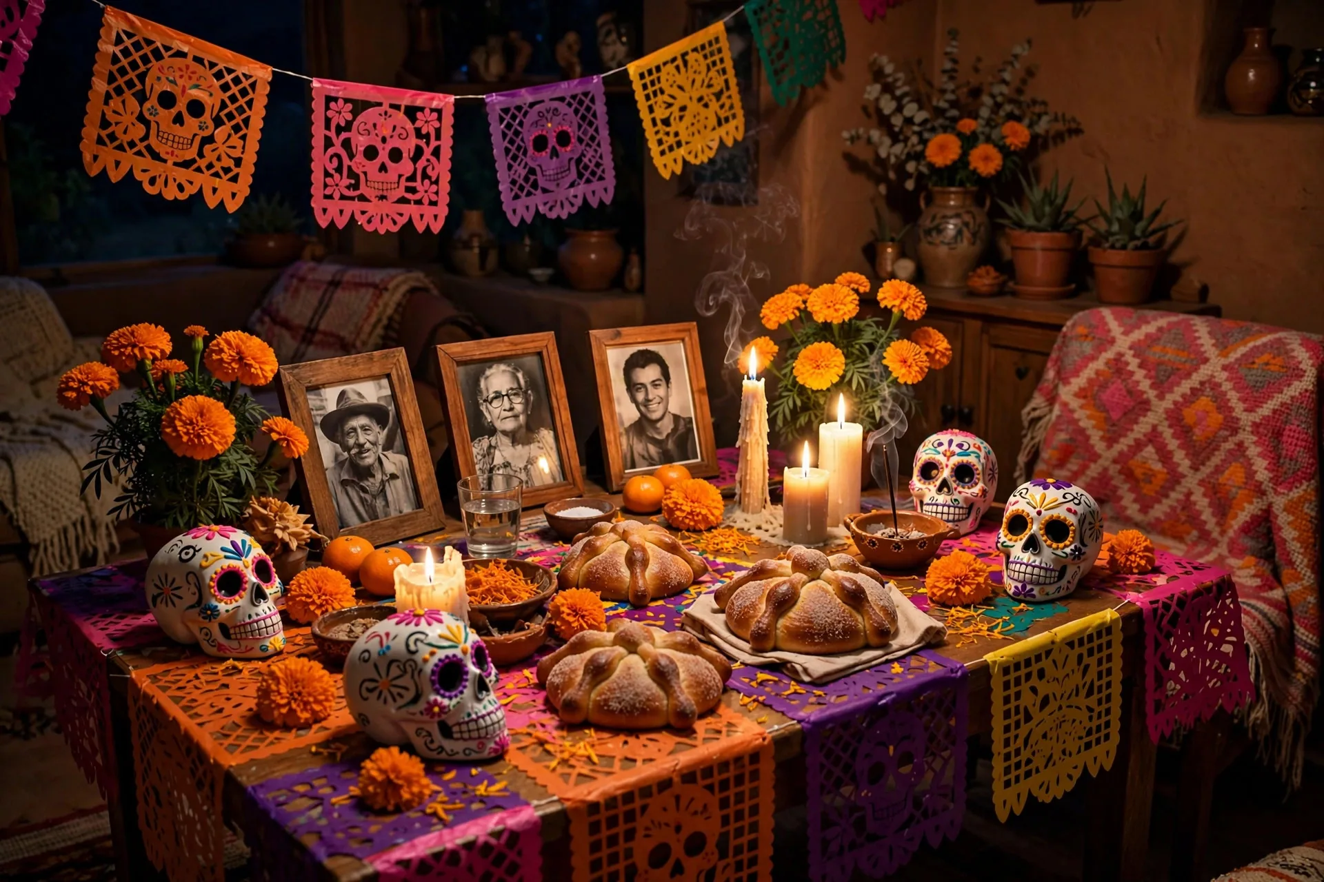 Ofrenda mexicana de Día de Muertos con fotos, cempasúchil, velas, calaveras de azúcar y pan de muerto