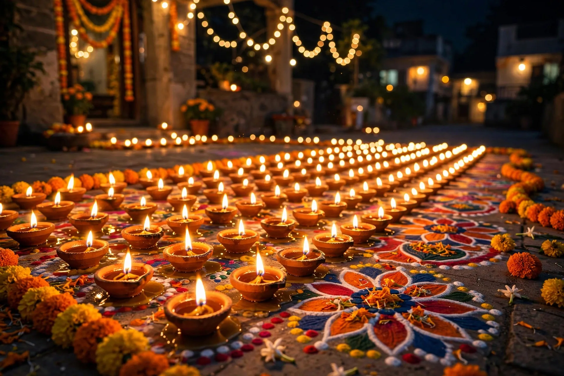 Filas de lamparillas de aceite diyas encendidas de noche durante el Diwali en India con rangoli de colores