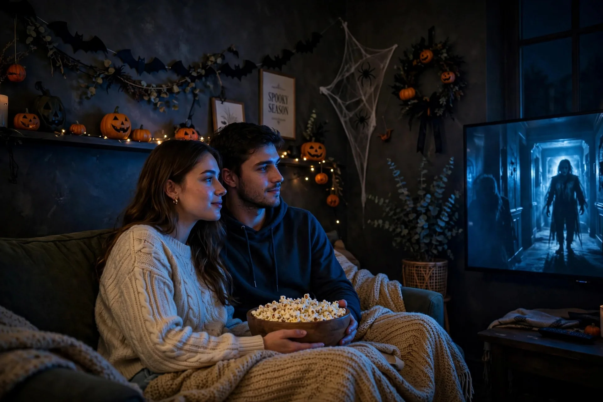 Pareja joven en un sofá viendo una película de terror en una sala oscura iluminada por la pantalla