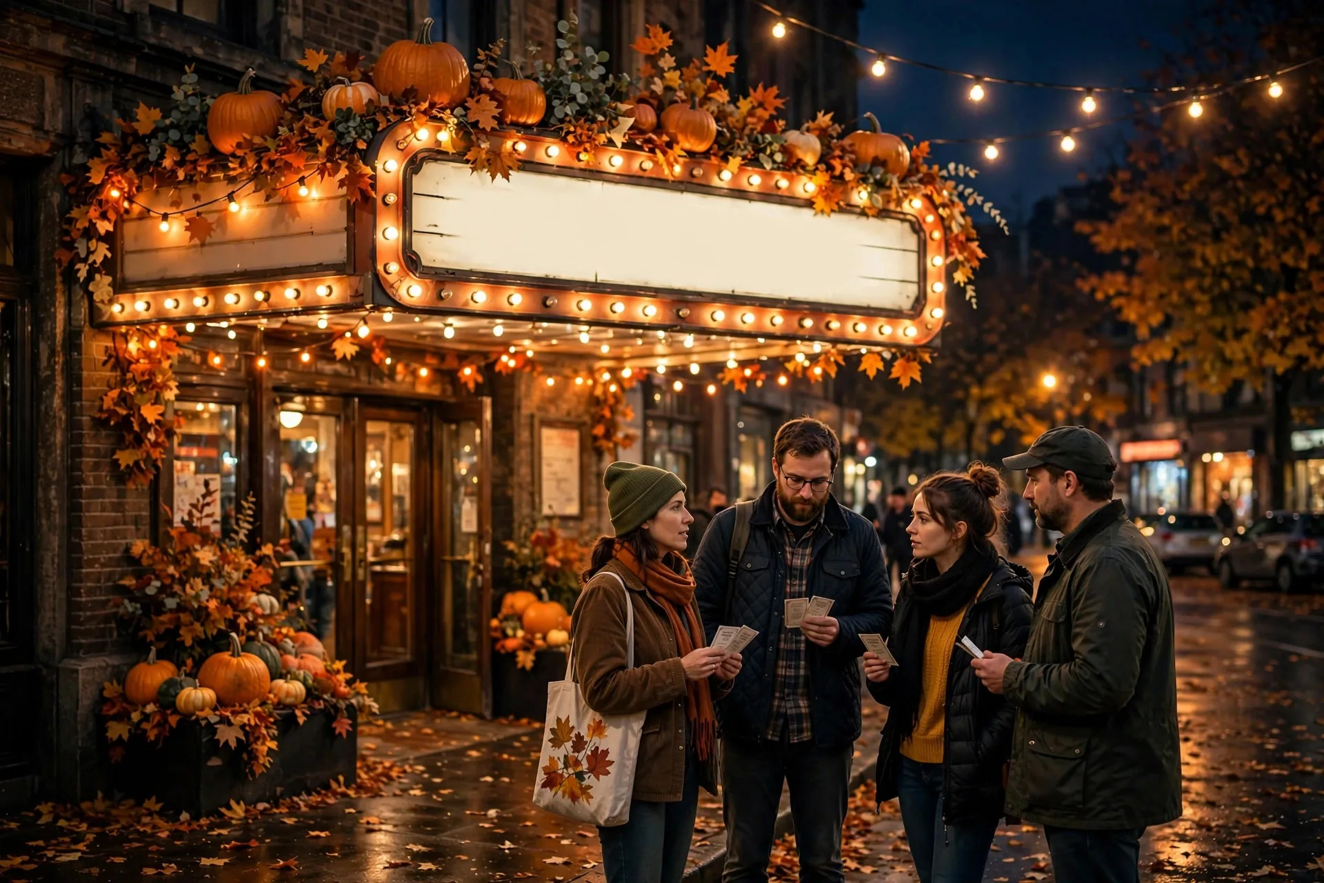 Sala de cine con butacas rojas y pantalla grande mostrando una película de terror en la oscuridad