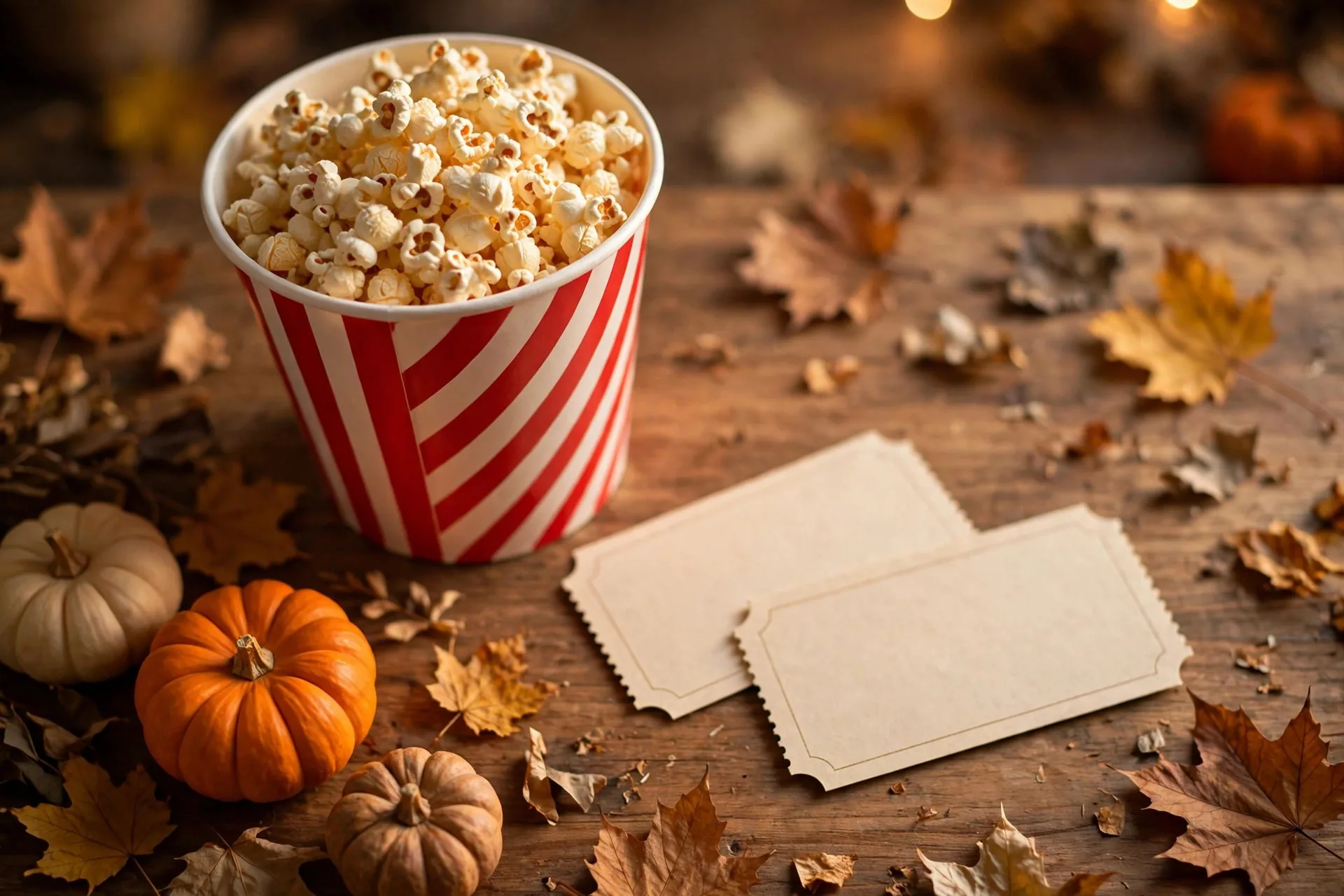 Cuenco de palomitas junto a una calabaza tallada y una manta en una noche de maratón de películas