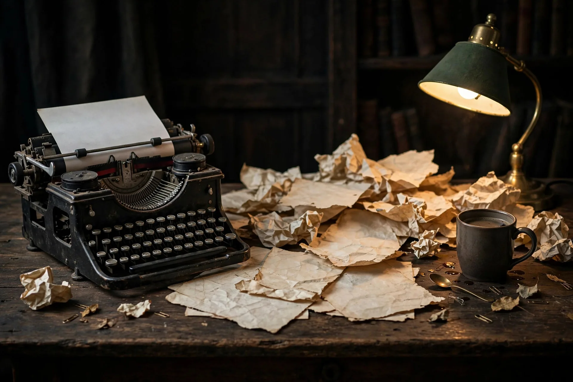 Escritorio de escritor de terror con máquina de escribir, páginas de guion y una lámpara tenue