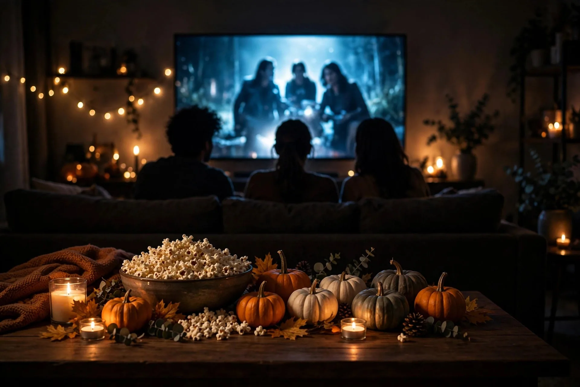 Sala de estar a oscuras con una televisión encendida mostrando una película de terror y palomitas