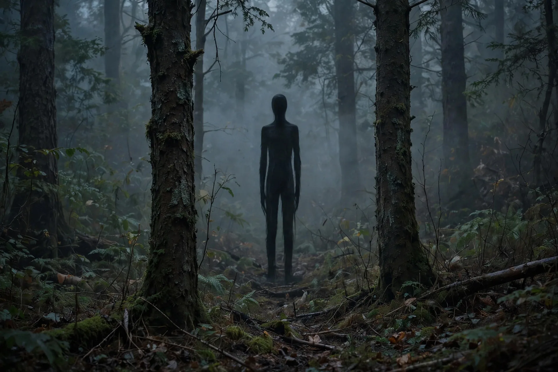 Silueta de una figura alta y delgada sin rostro con traje oscuro en un bosque con niebla, estética de creepypasta