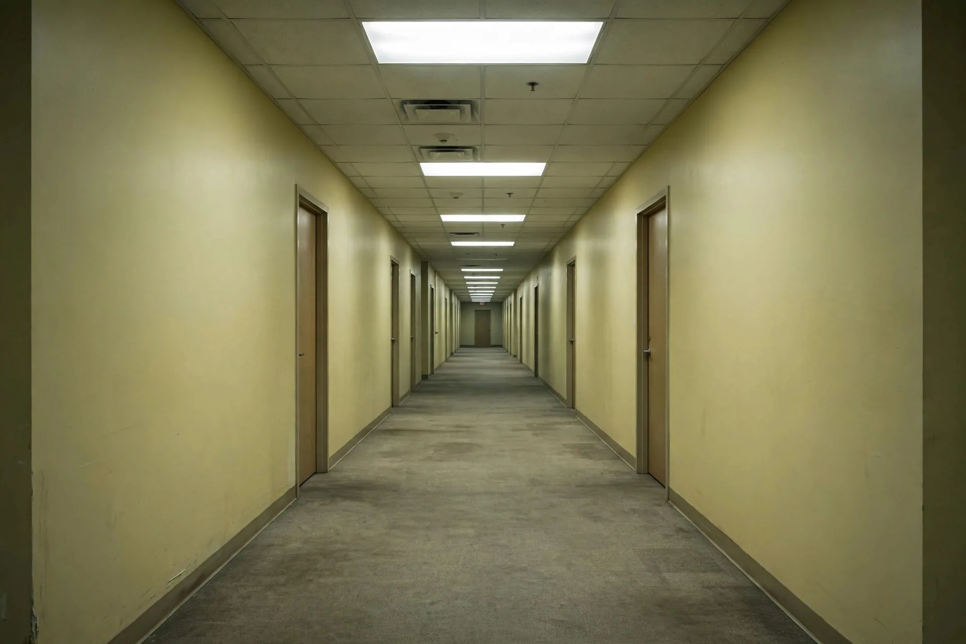 Pasillo vacío de oficinas con paredes amarillas, moqueta húmeda y luces fluorescentes, estética de los Backrooms