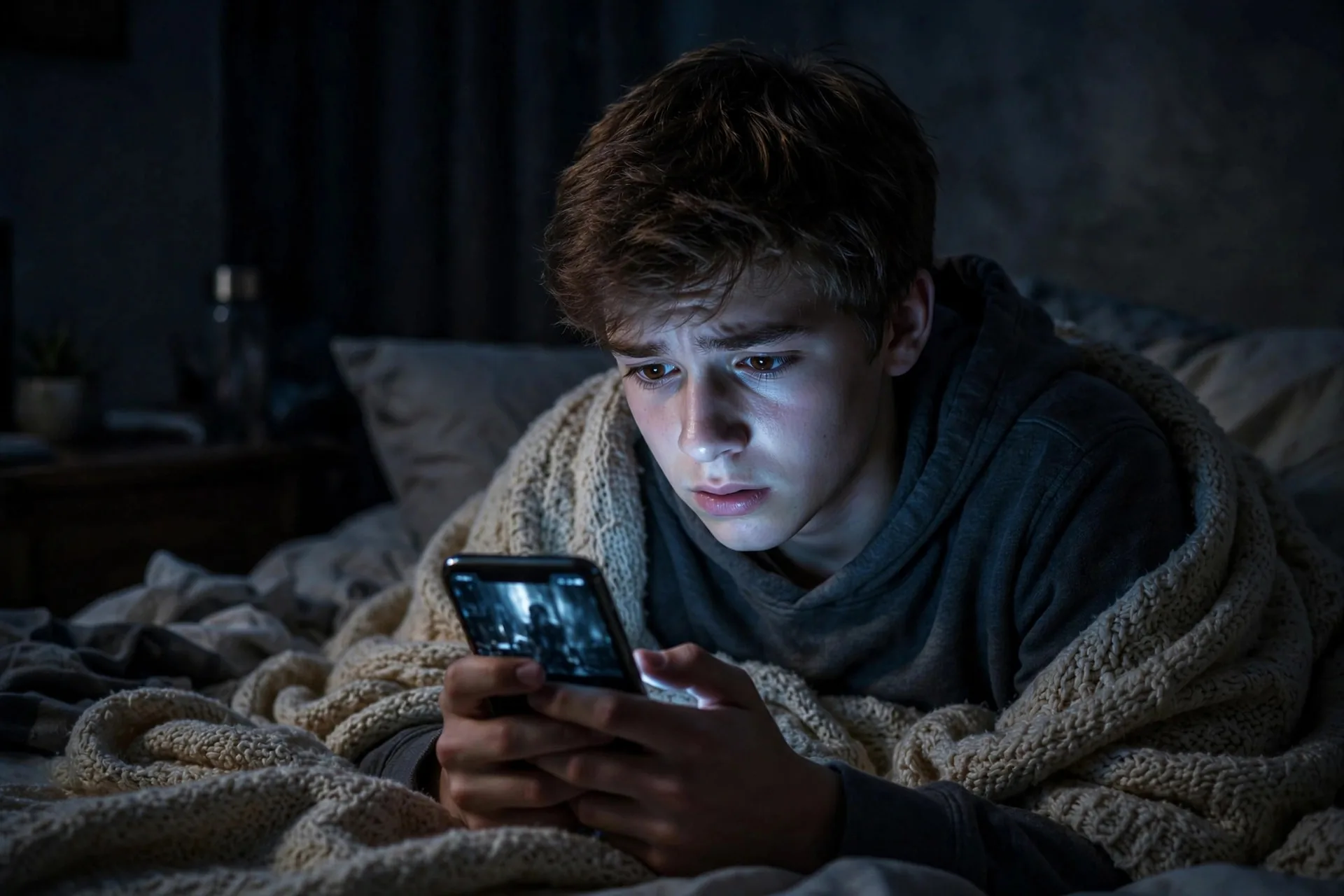 Adolescente viendo videos de terror en su teléfono en una habitación oscura iluminada por la pantalla