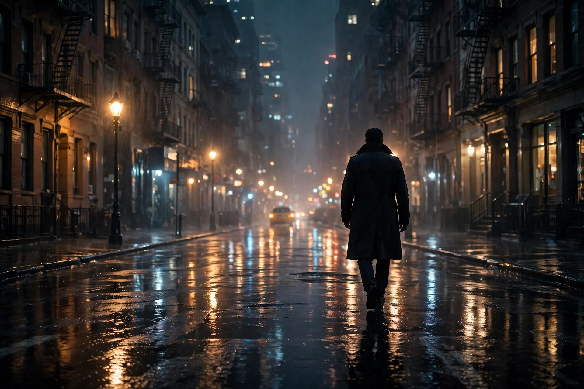 Silueta de un hombre con chaqueta caminando por una calle oscura de Nueva York de noche con neblina