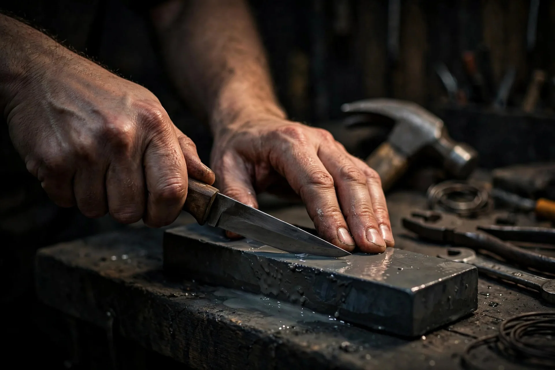 Primer plano de manos afilando un cuchillo en un taller oscuro