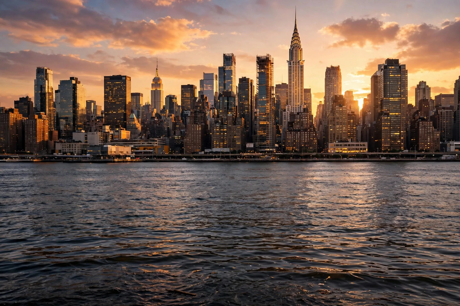 Skyline de Manhattan al atardecer con rascacielos y luces encendiéndose