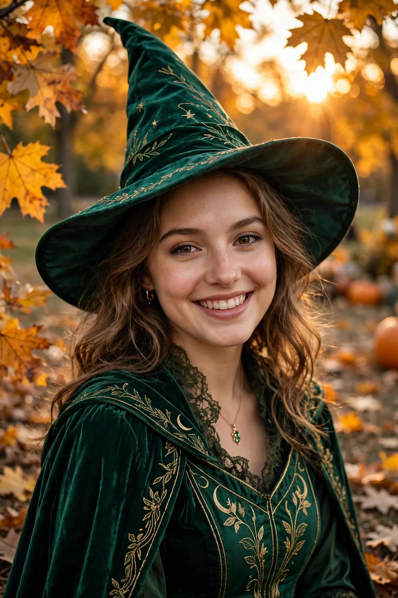 Mujer joven con disfraz de bruja verde esmeralda con capa negra y maquillaje dramático, tendencia Wicked para Halloween 2026
