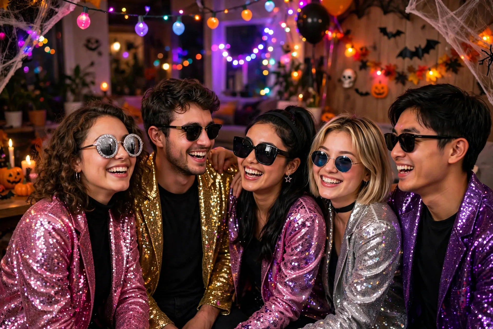 Grupo de amigos con disfraces brillantes estilo estrella pop con lentejuelas y botas en una fiesta de Halloween