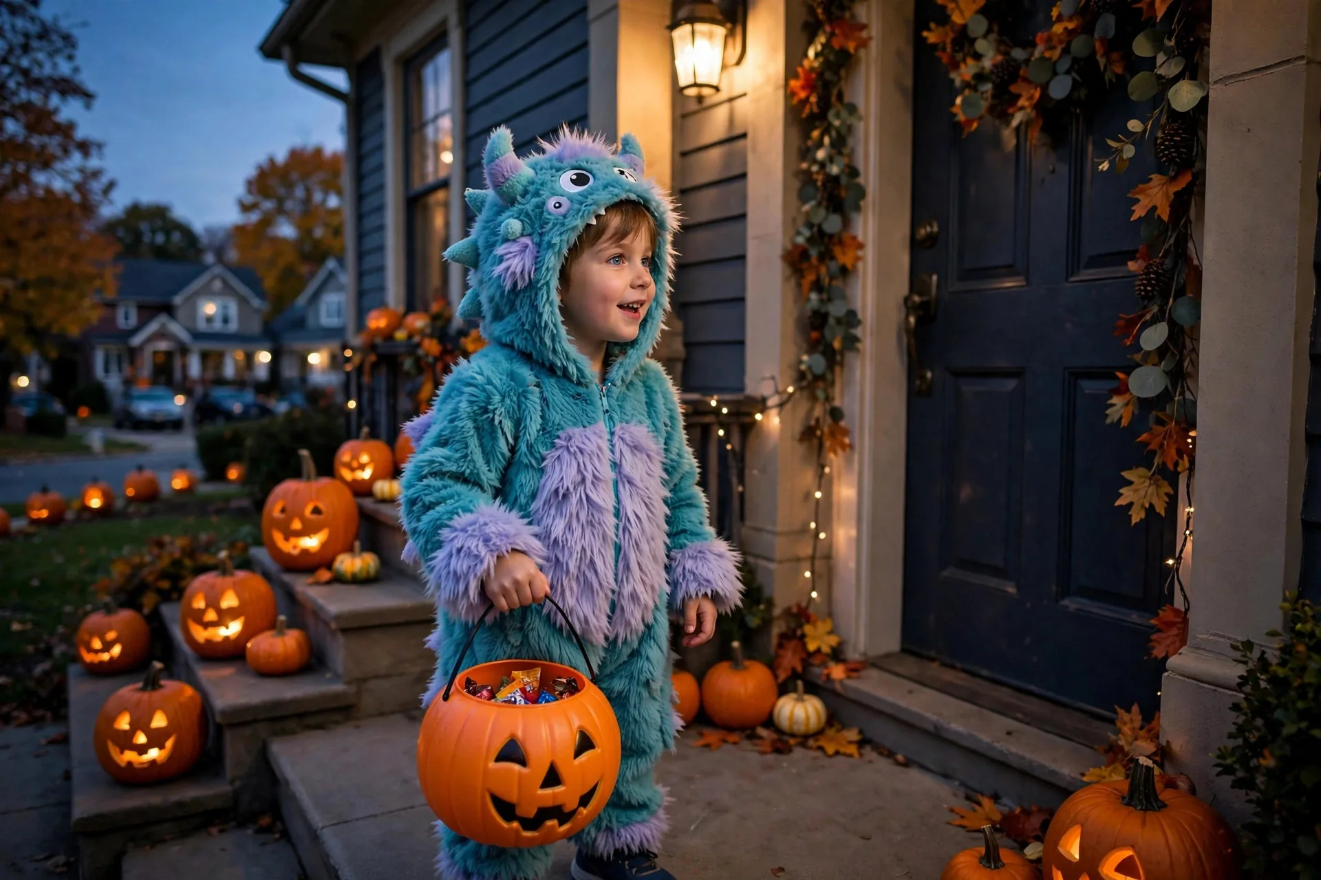 Niño con disfraz de monstruo tierno de peluche con ojos grandes pidiendo dulces en una calle suburbana al atardecer