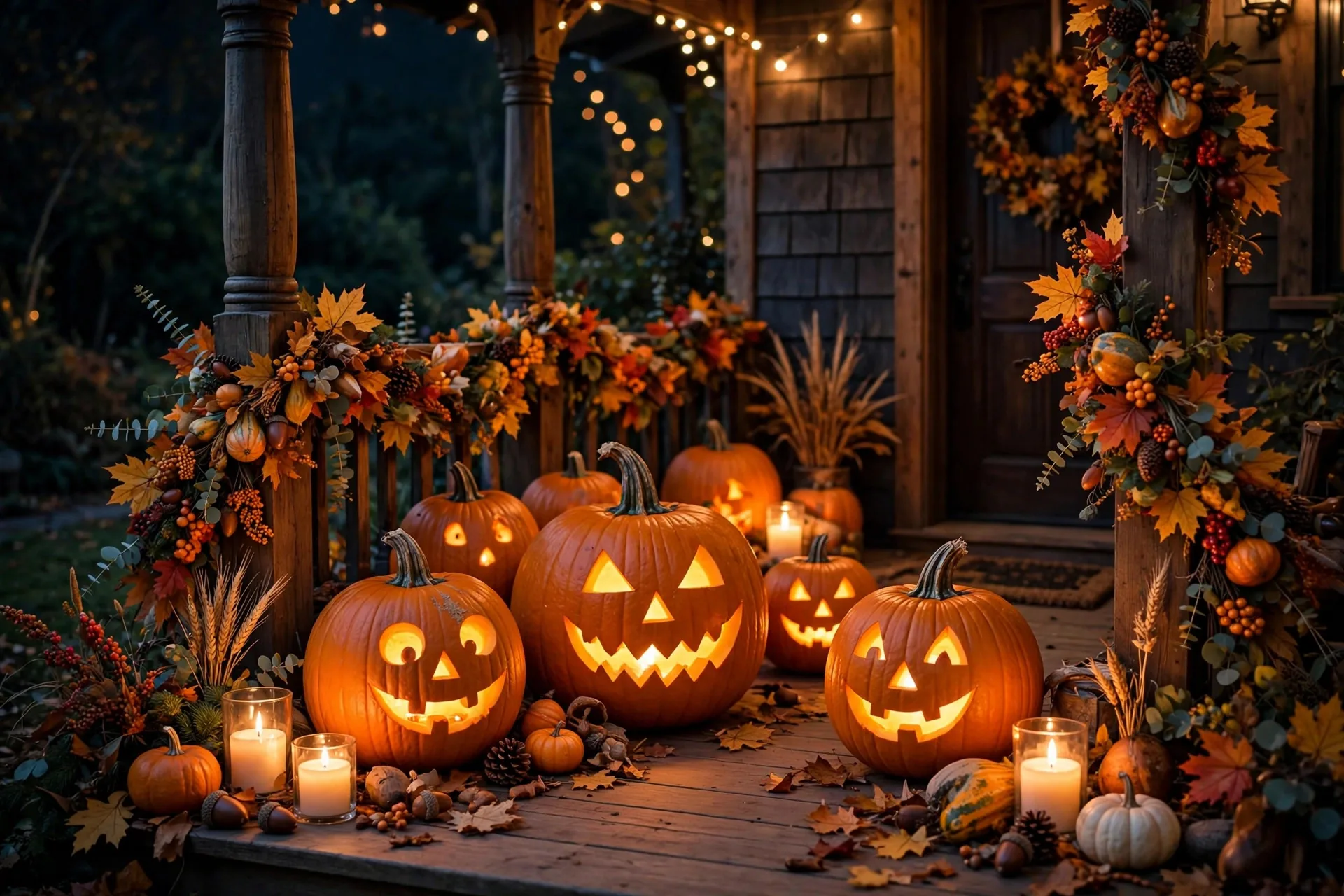 Calabazas talladas con caras iluminadas en el porche de una casa decorada para Halloween de noche