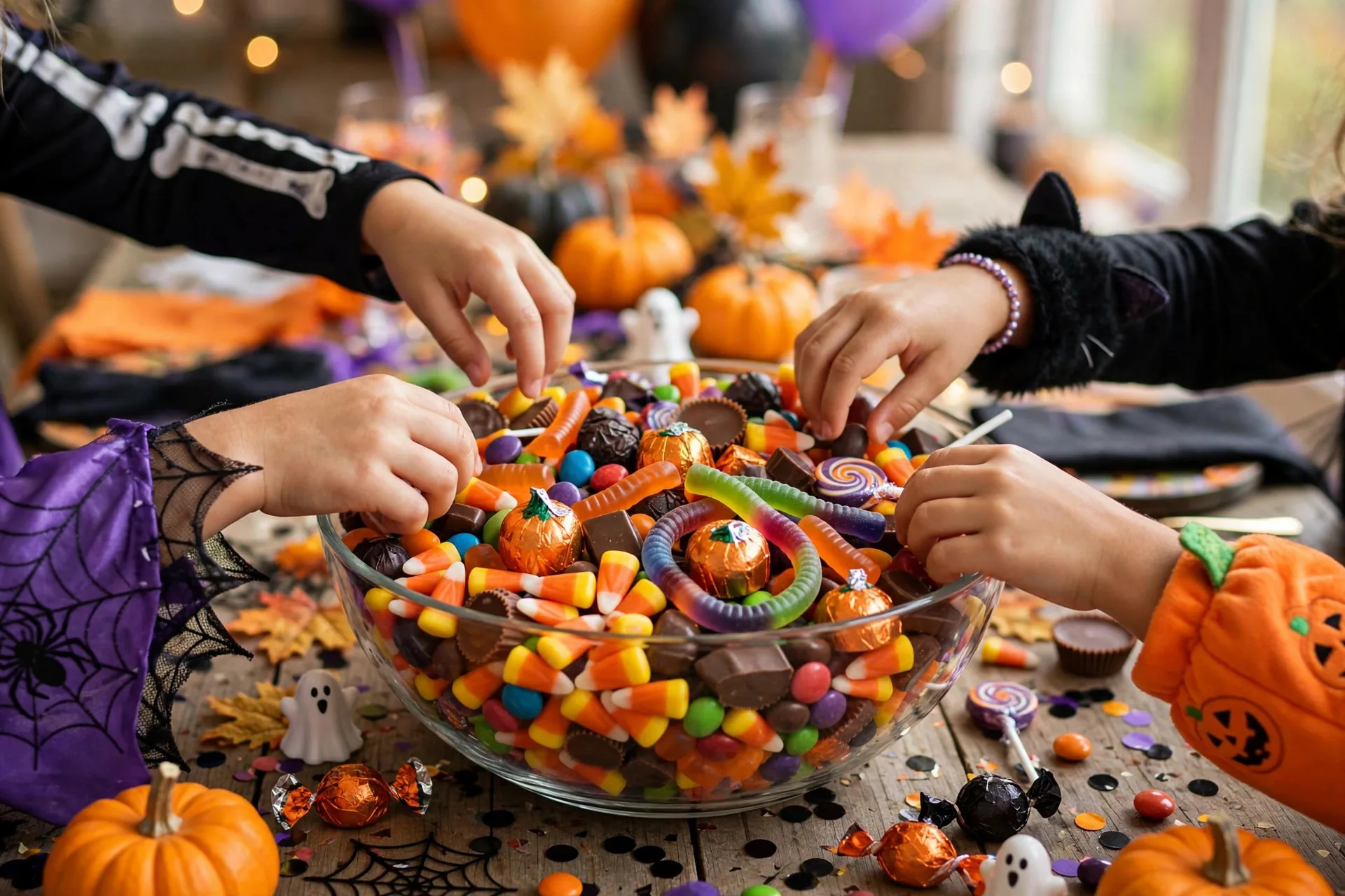 Bol grande de dulces y caramelos de Halloween junto a niños disfrazados en una puerta