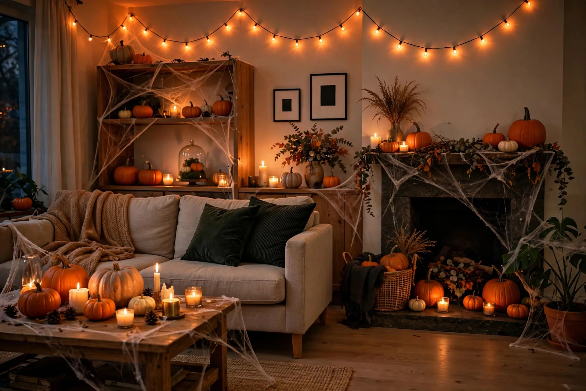 Sala de estar decorada para Halloween con guirnaldas de luces, calabazas y telas de araña