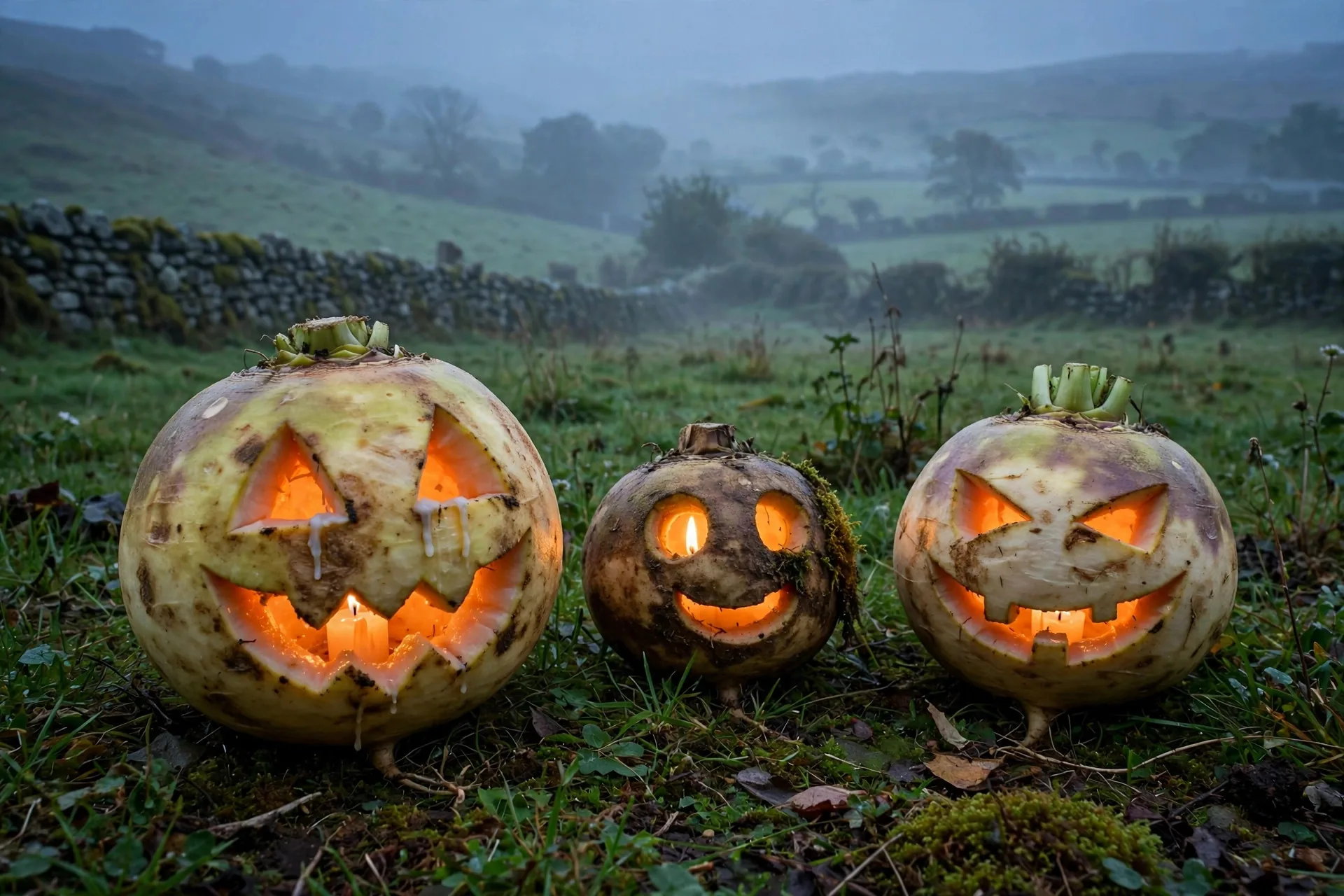 Campo irlandés al atardecer con nabos tallados con caras y velas, tradición original de Halloween