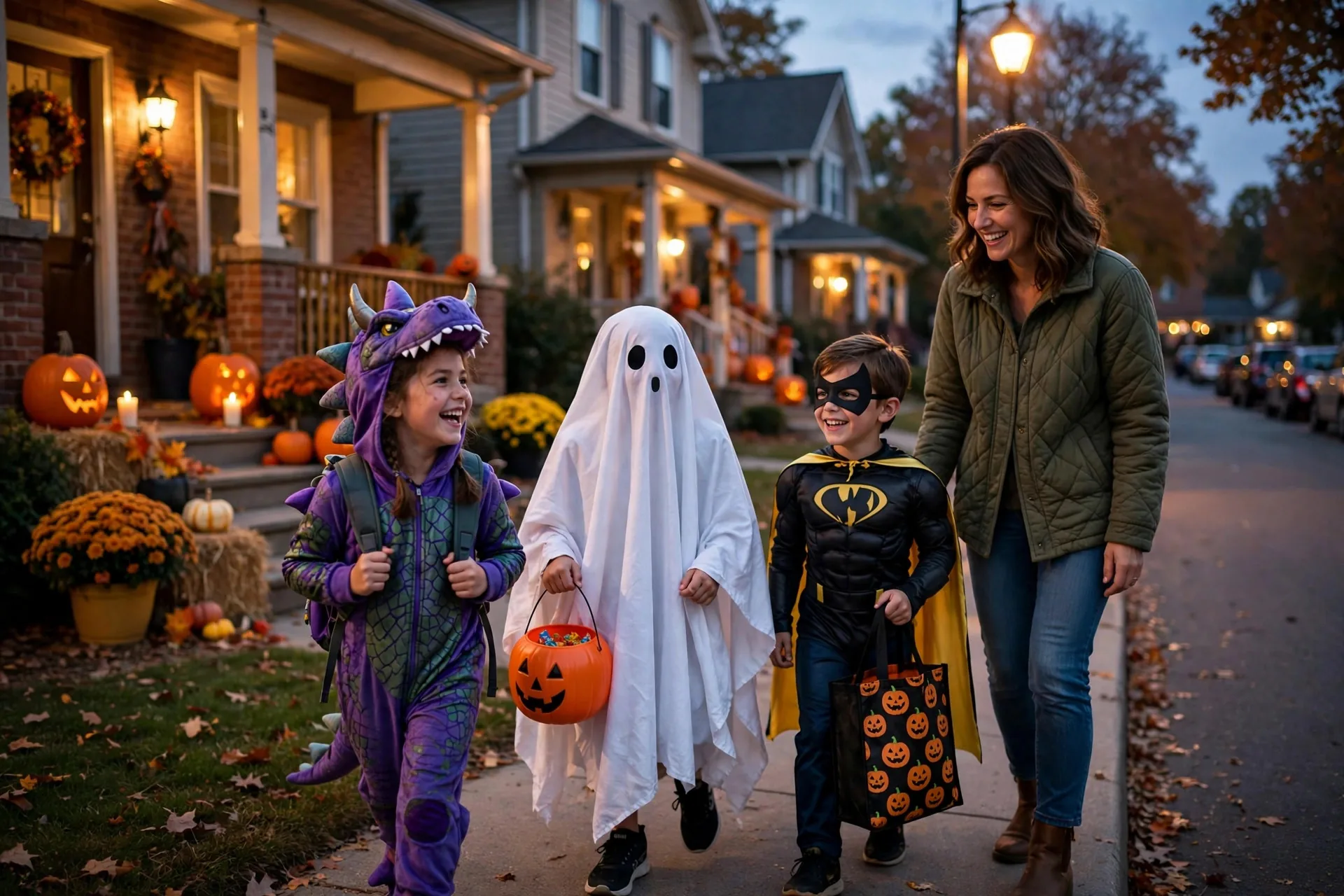 Calle suburbana estadounidense en Halloween con niños disfrazados pidiendo dulces y casas decoradas