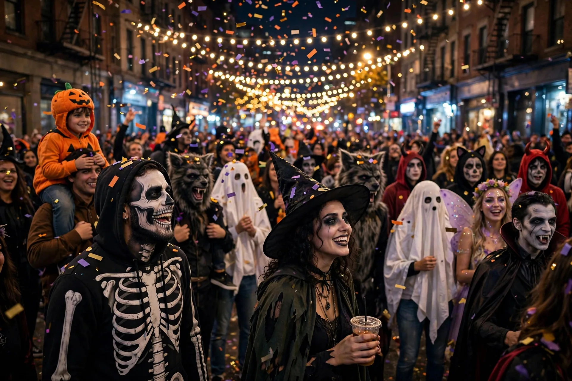 Multitud de personas con disfraces elaborados en un desfile nocturno de Halloween en una ciudad japonesa