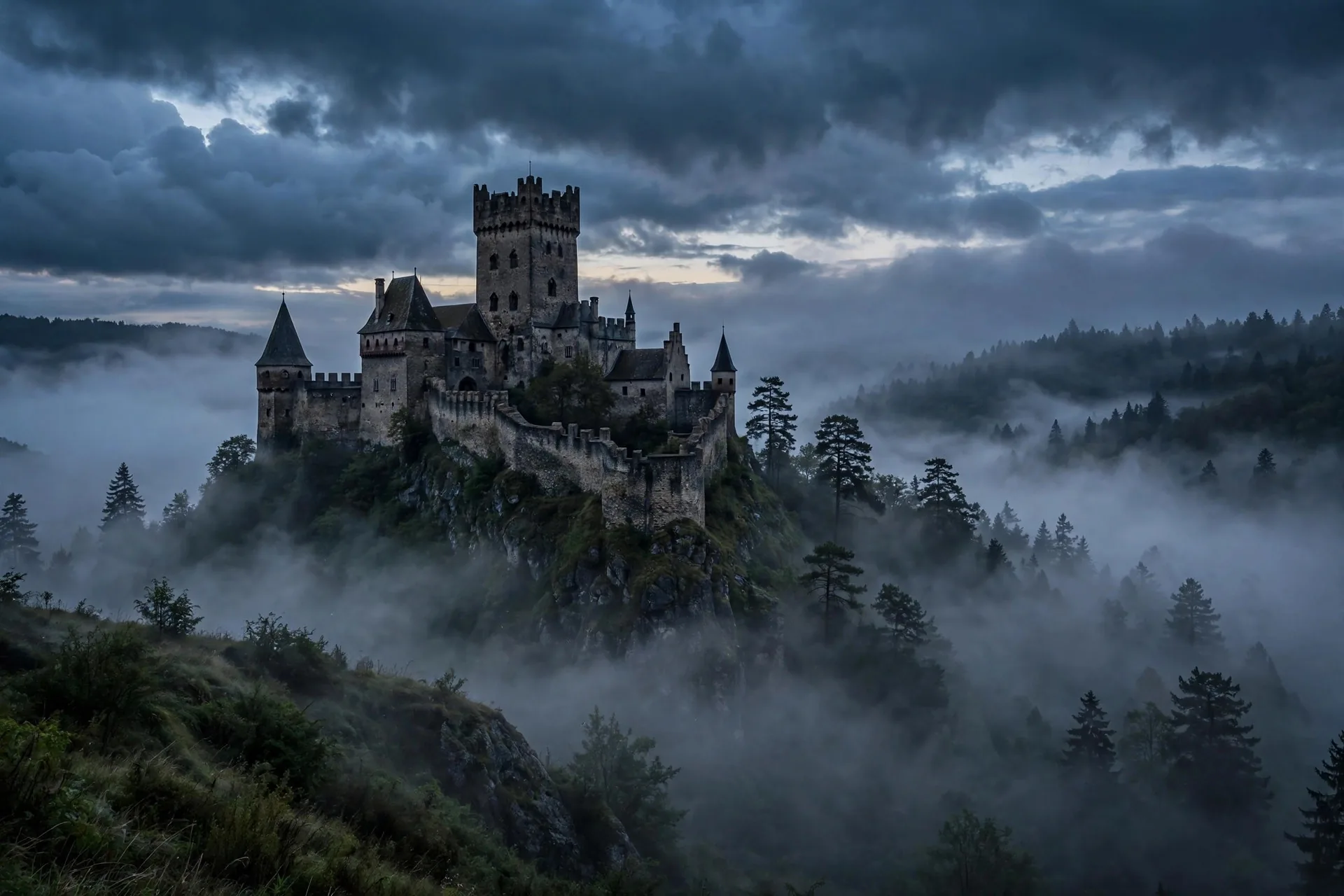 Castillo medieval en una colina con niebla al amanecer en Transilvania, Rumanía