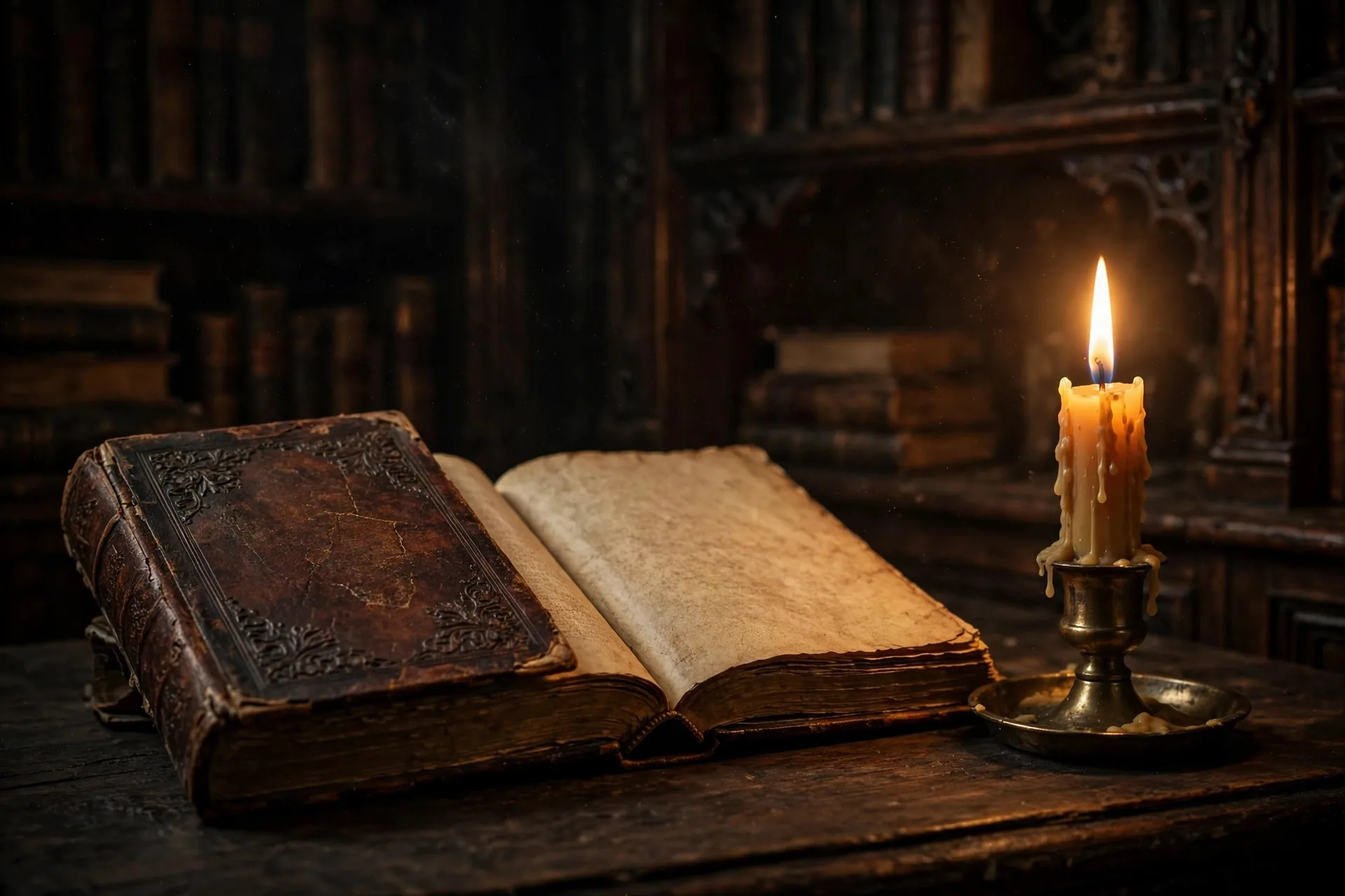 Libro antiguo abierto con páginas amarillentas junto a una vela encendida en una mesa de madera
