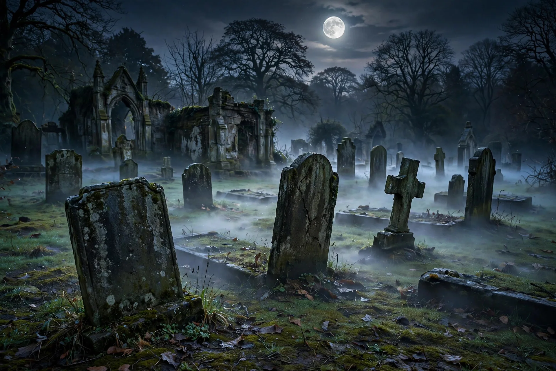 Cementerio gótico con lápidas antiguas bajo la luz de la luna llena entre niebla