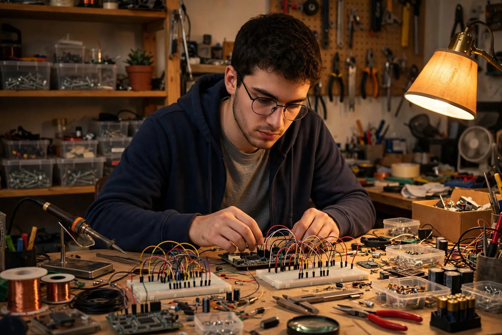 Joven con bata blanca de laboratorio en una habitación llena de aparatos electrónicos y un microondas modificado, estética de novela visual de ciencia ficción
