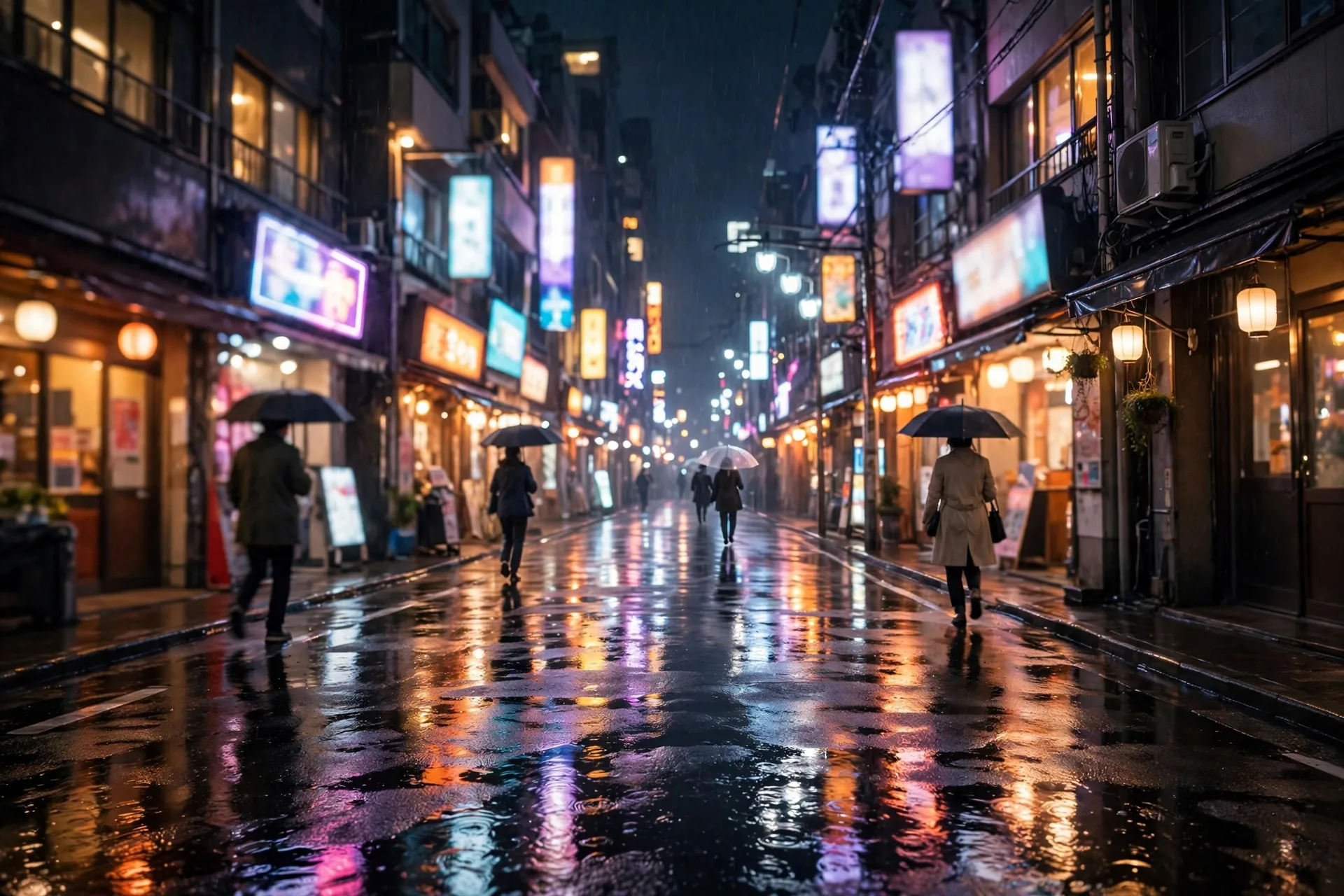 Calle japonesa de noche con carteles luminosos y ambiente de Akihabara, Tokio