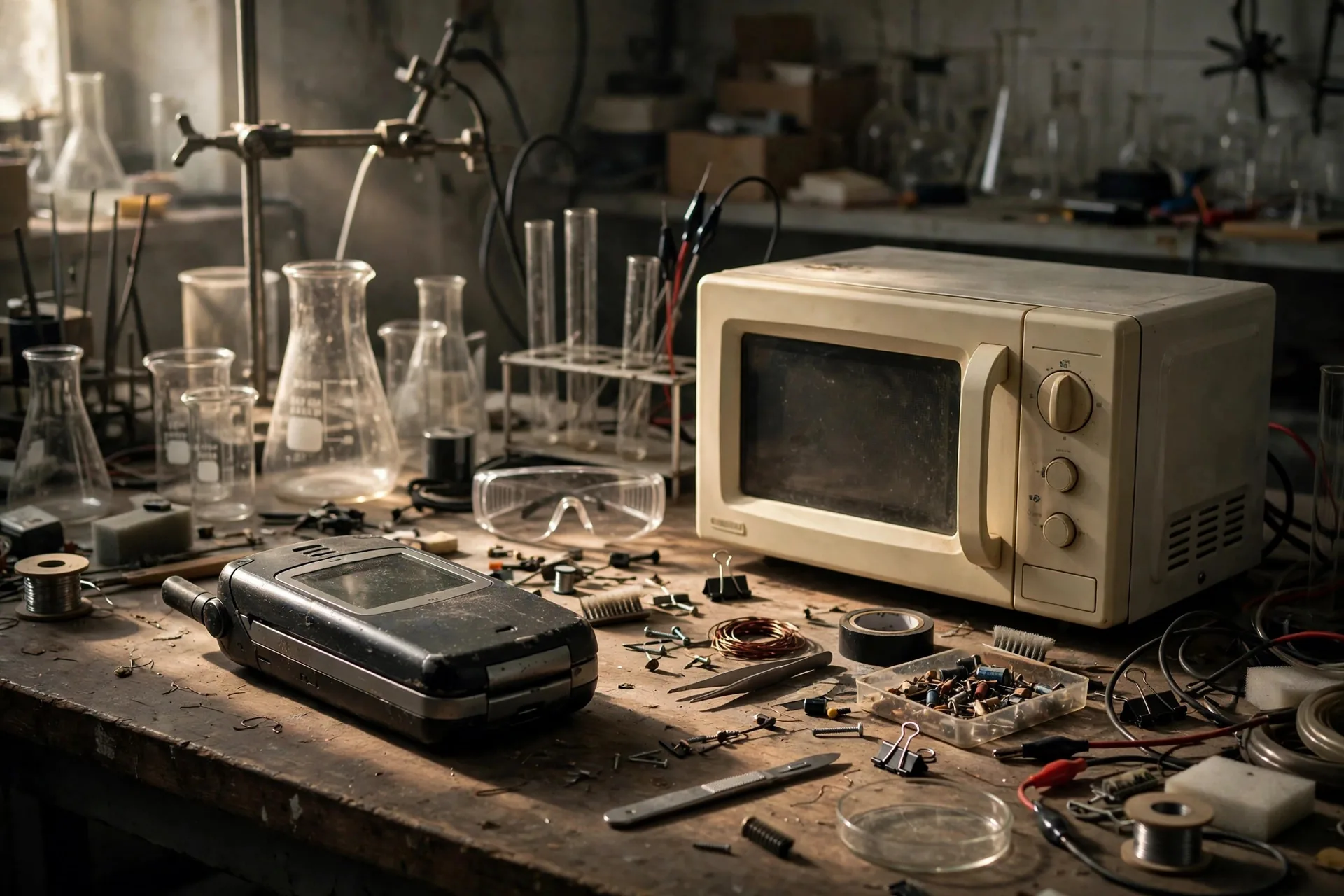 Manos sosteniendo un teléfono móvil antiguo junto a un microondas en una mesa de laboratorio