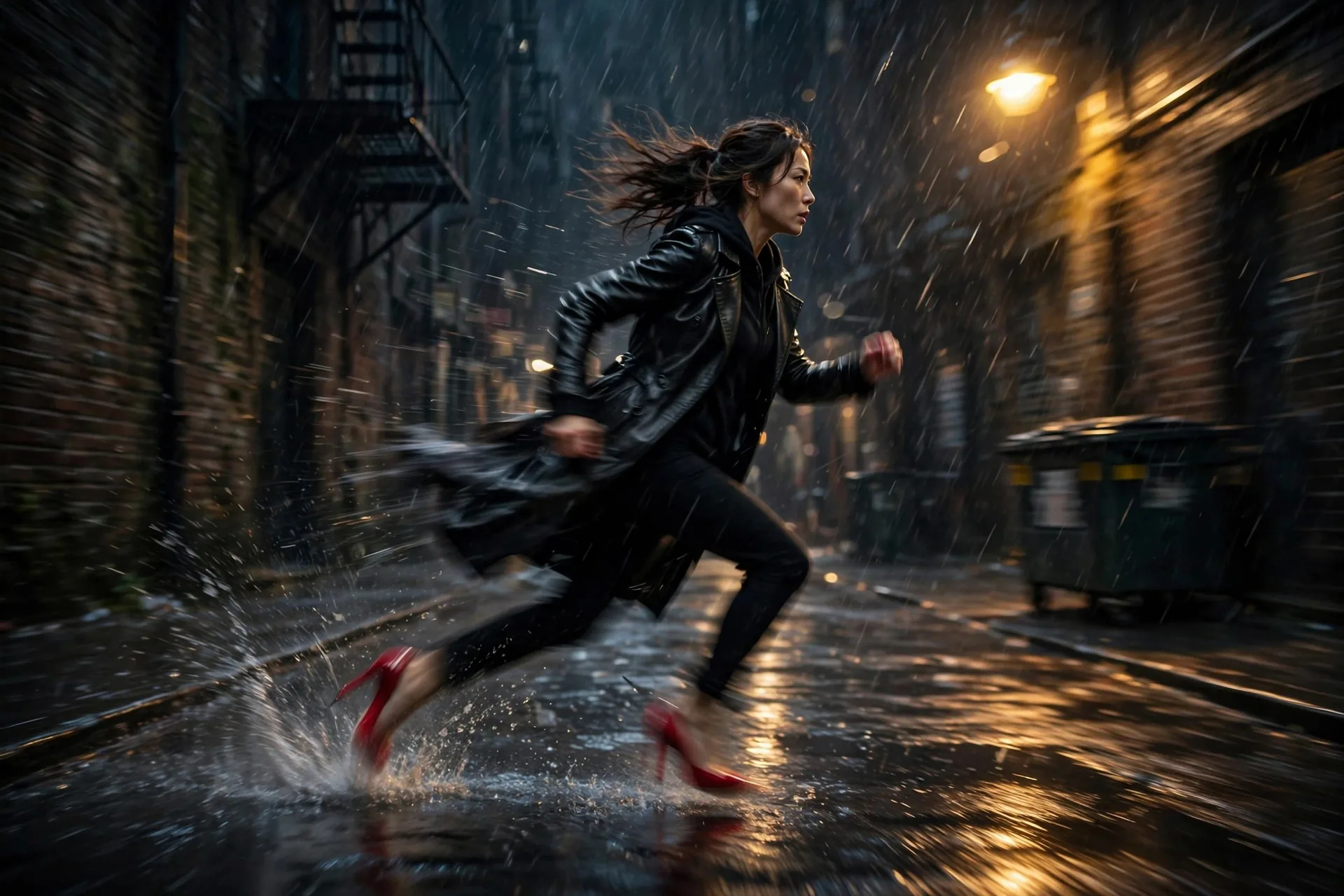 Mujer con tacones altos corriendo por un callejón oscuro de noche, escena de película slasher