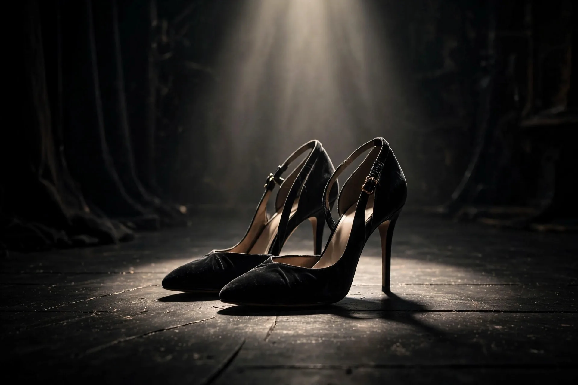 Par de zapatos de tacón alto bajo un foco en un escenario oscuro